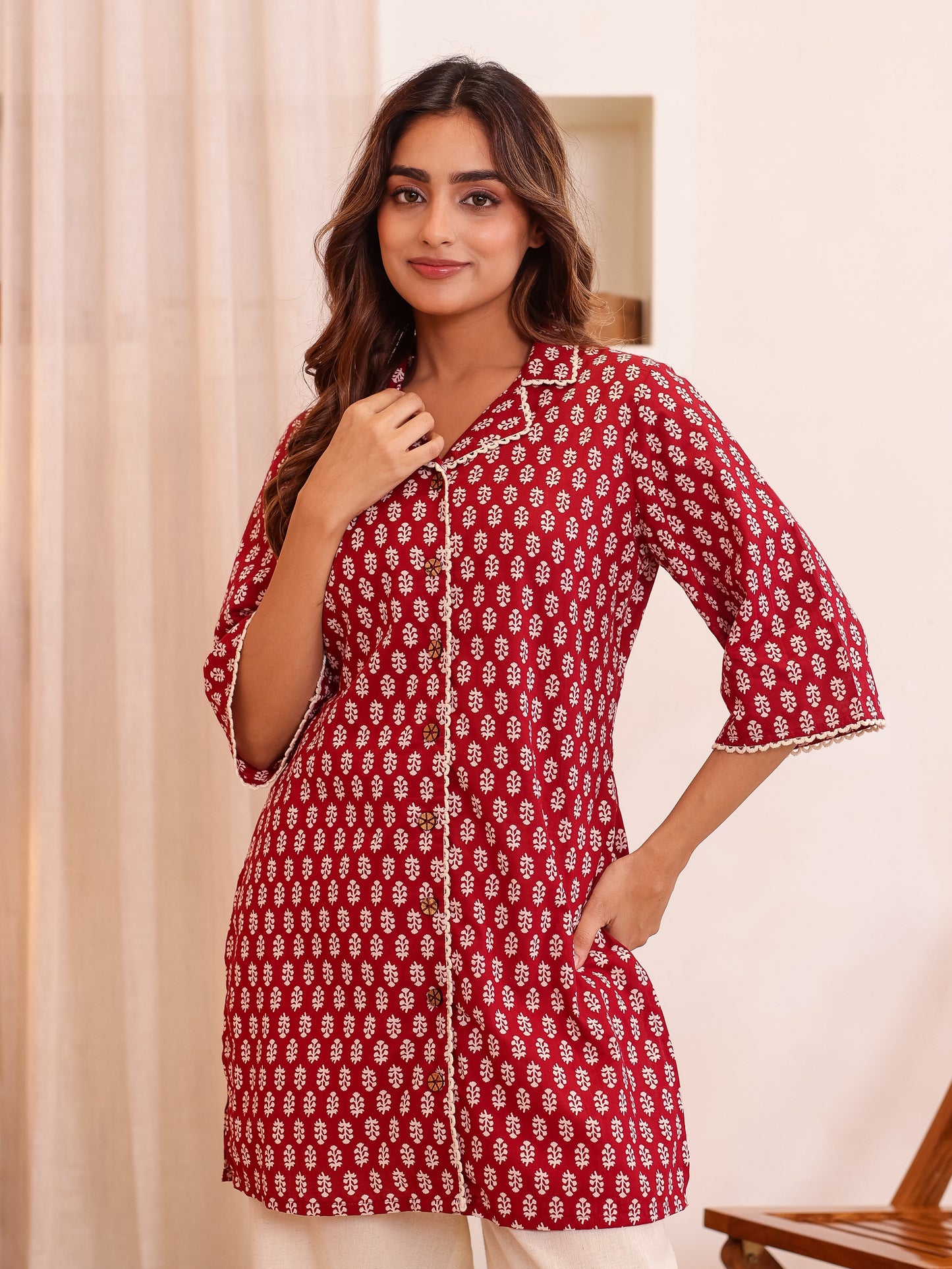 Soft Cotton Butti Straight Maroon Top