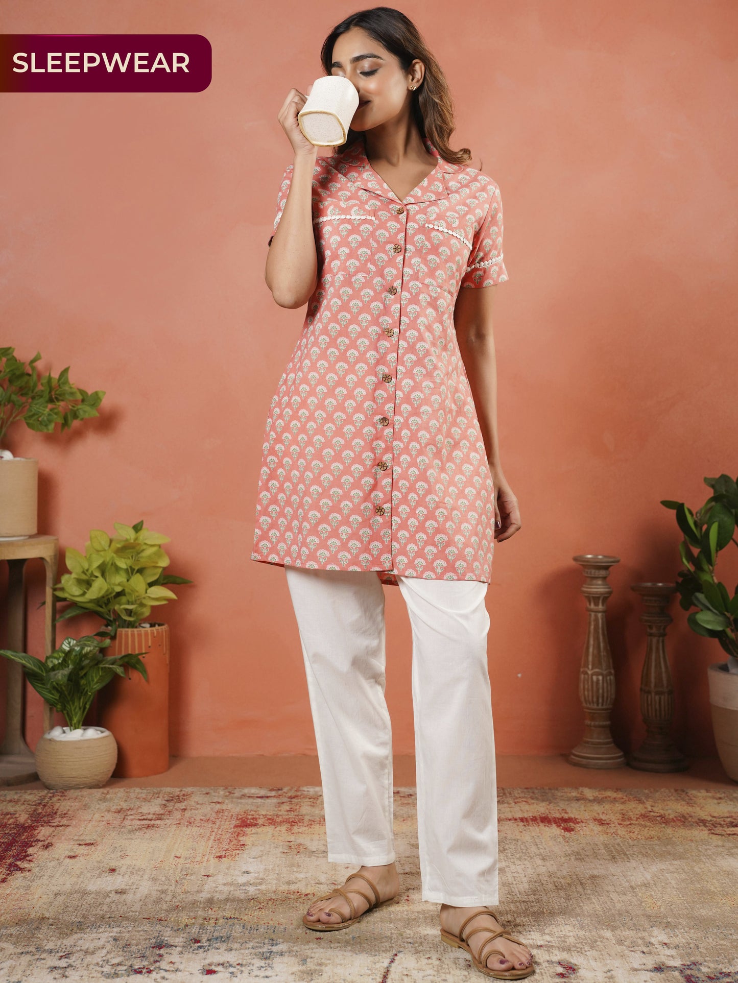 Soft Cotton Floral Straight Peach Tunic