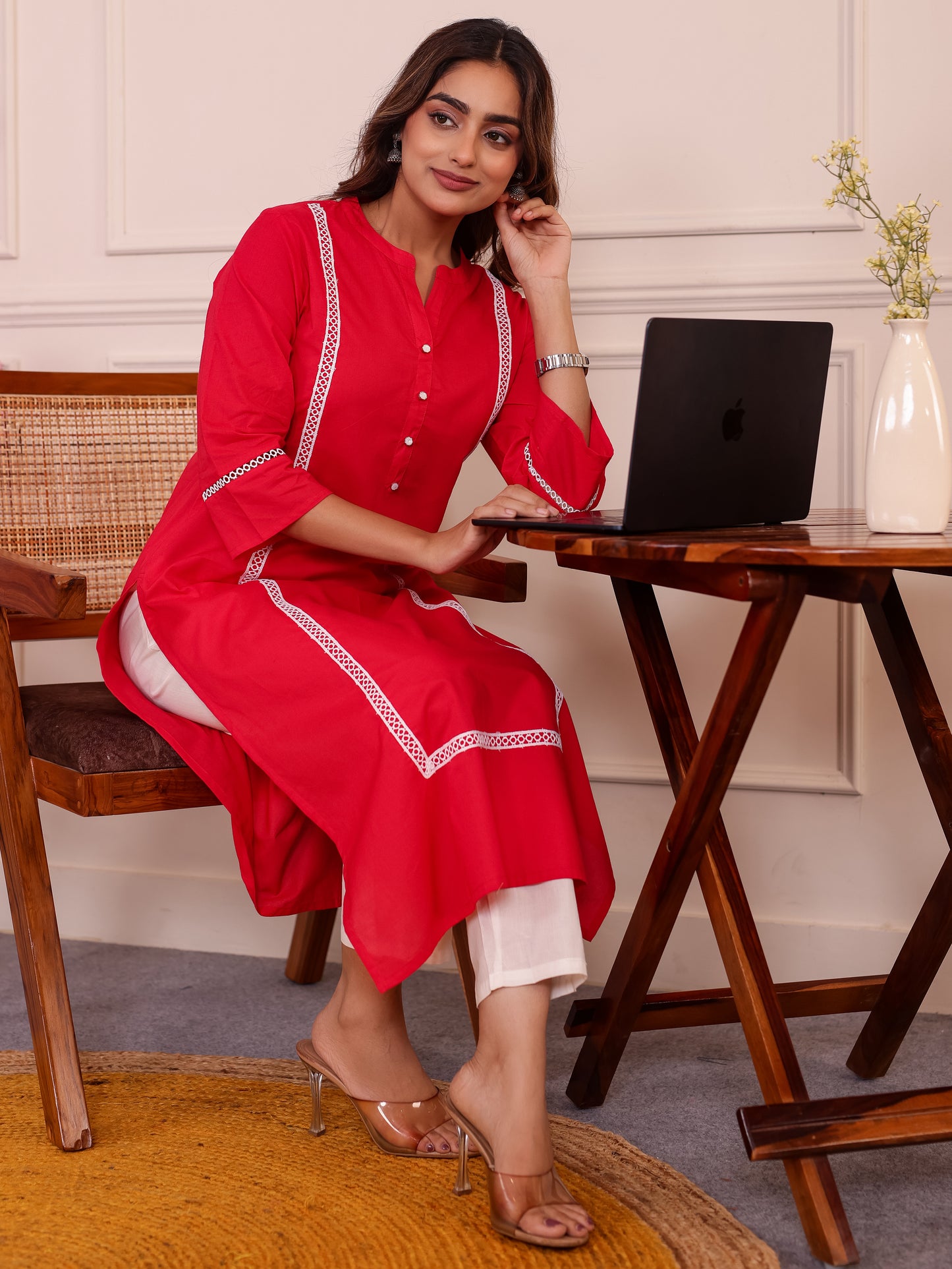 Soft Cotton Solid Straight Red Kurta