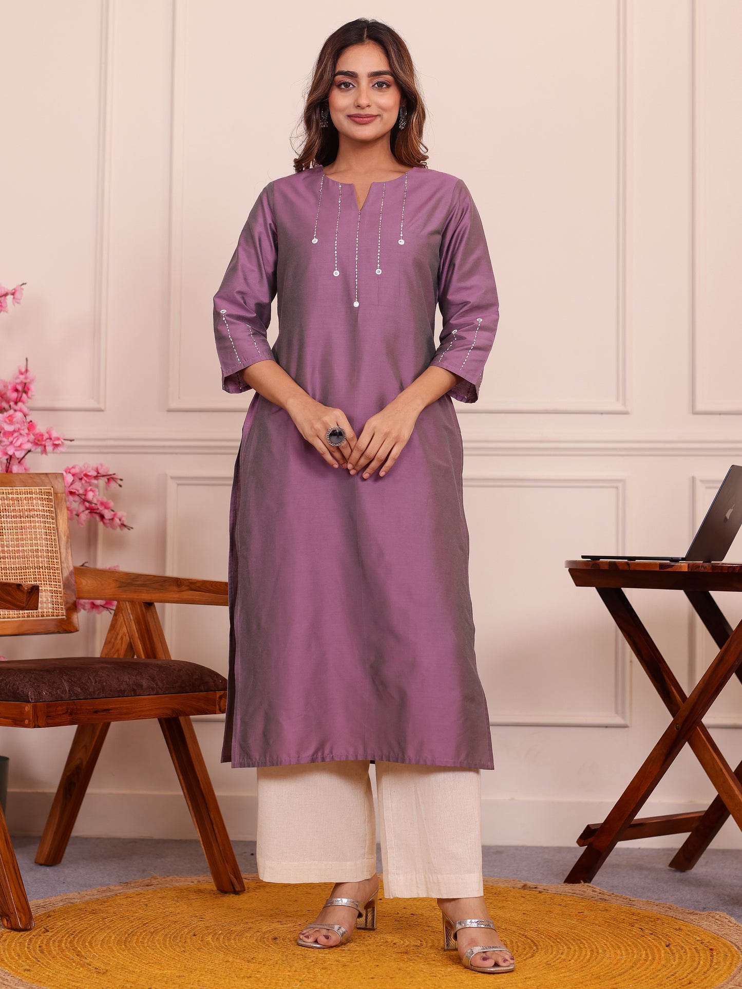 Embroidered Blended Silk Solid Straight Lavender Kurta