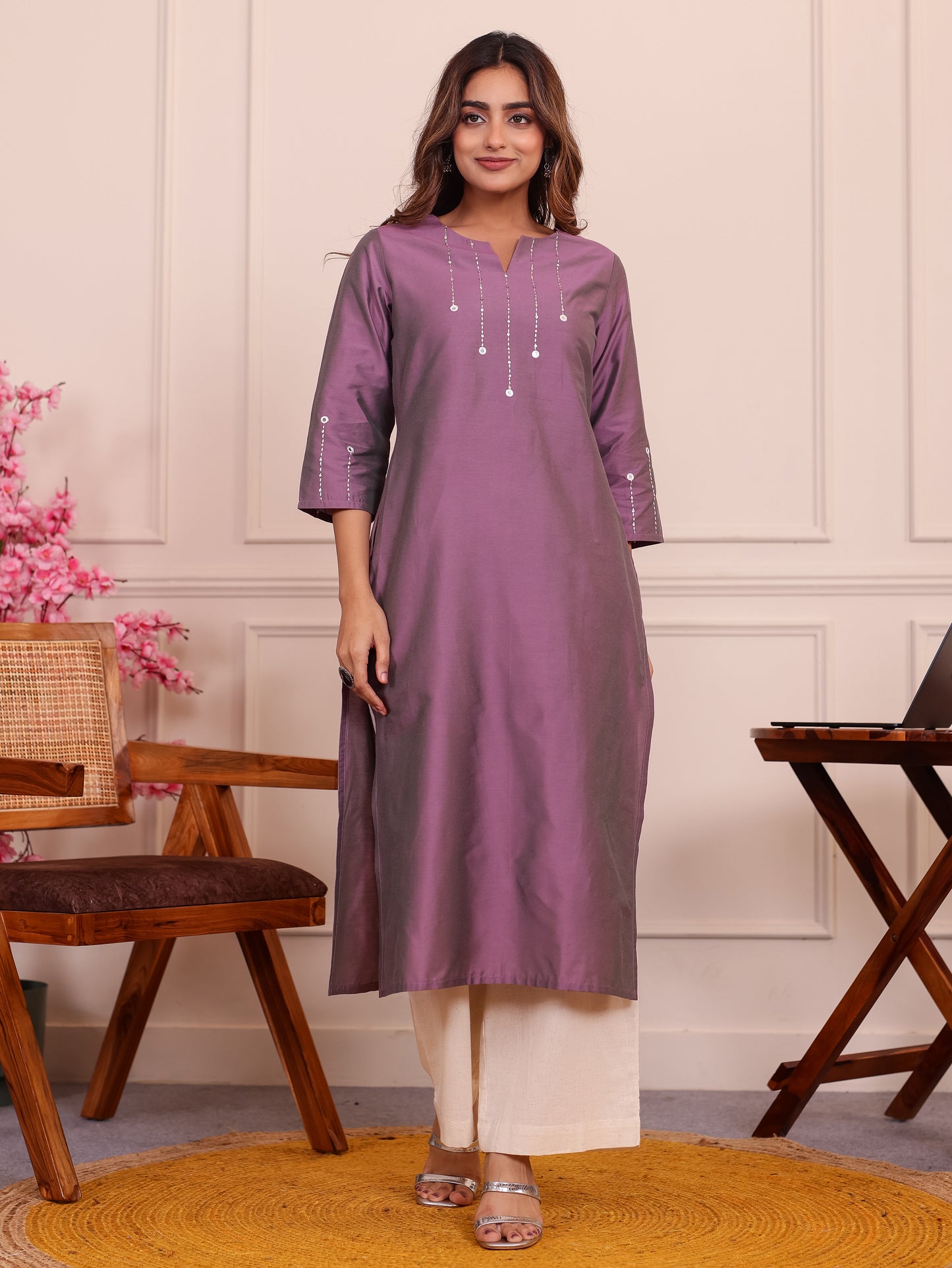 Embroidered Blended Silk Solid Straight Lavender Kurta