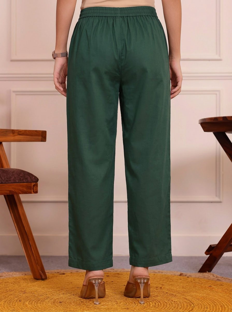 Soft Cotton Solid Green Straight Trousers