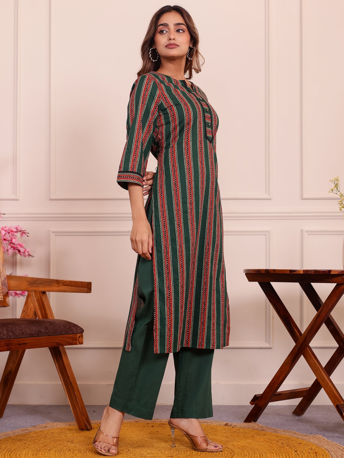Soft Cotton Striped Straight Green Kurta