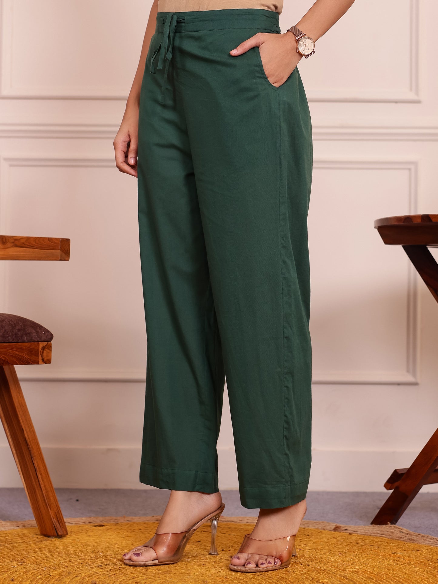 Soft Cotton Solid Green Straight Trousers