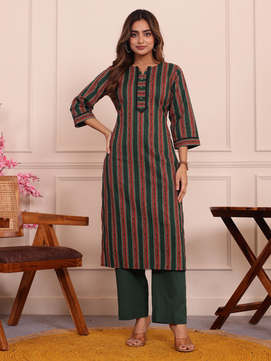Soft Cotton Striped Straight Green Kurta