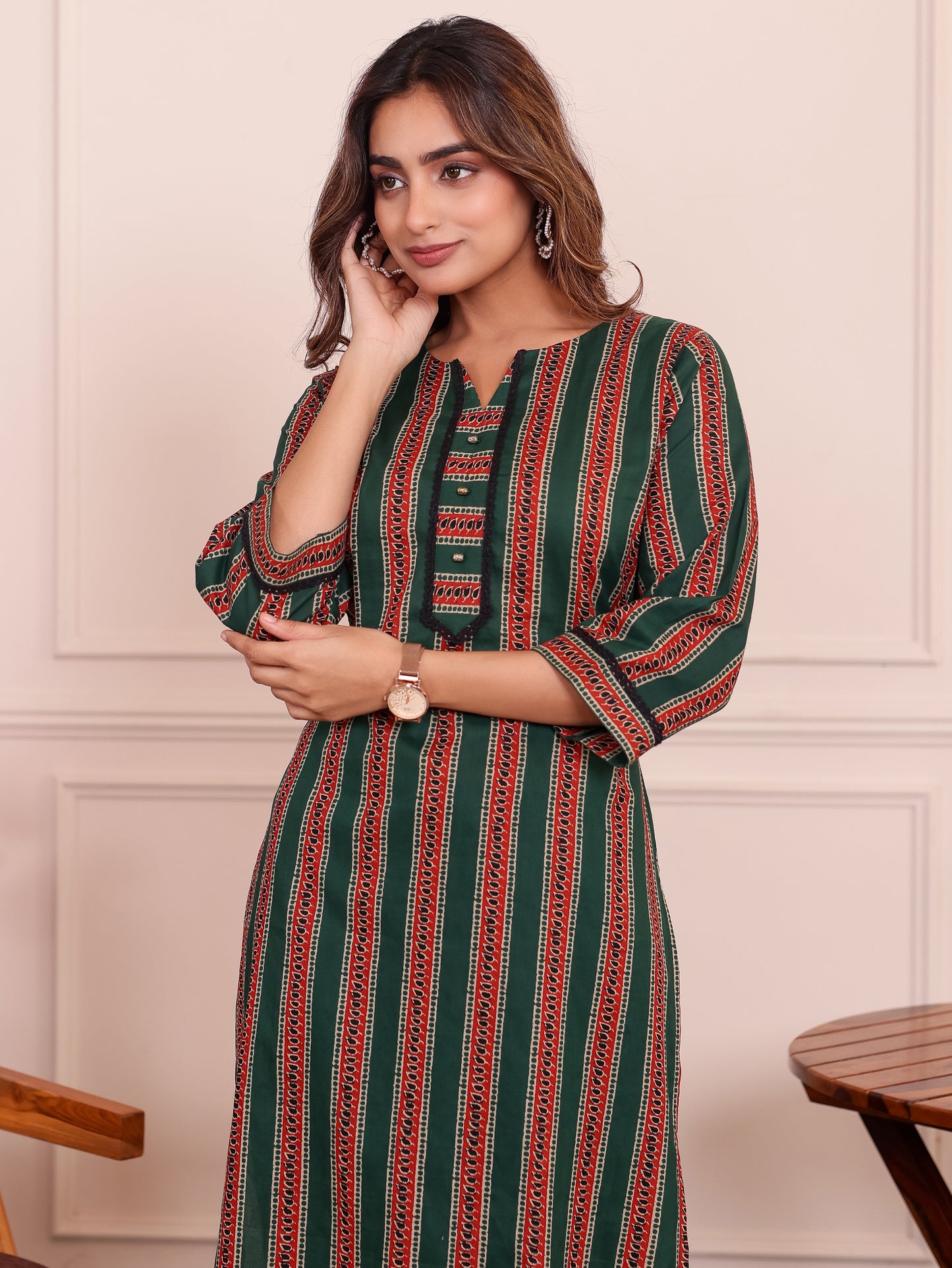 Soft Cotton Striped Straight Green Kurta