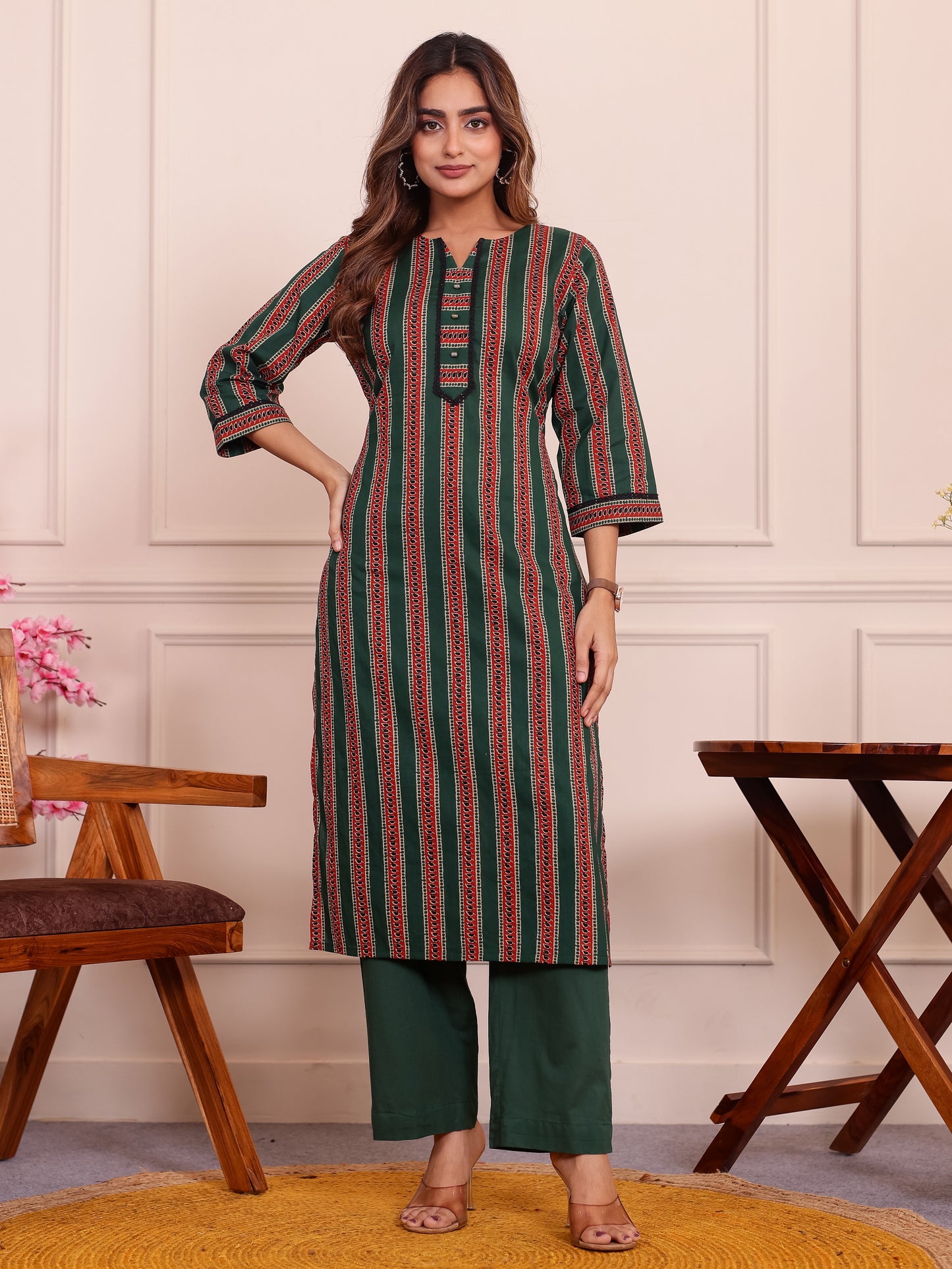 Soft Cotton Striped Straight Green Kurta