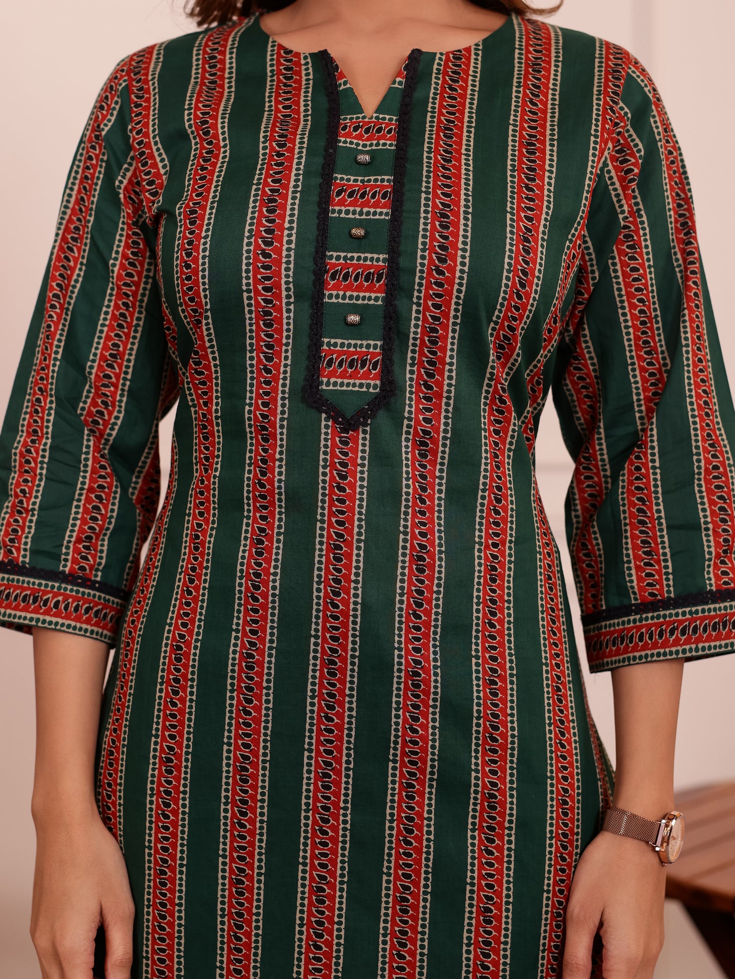Soft Cotton Striped Straight Green Kurta
