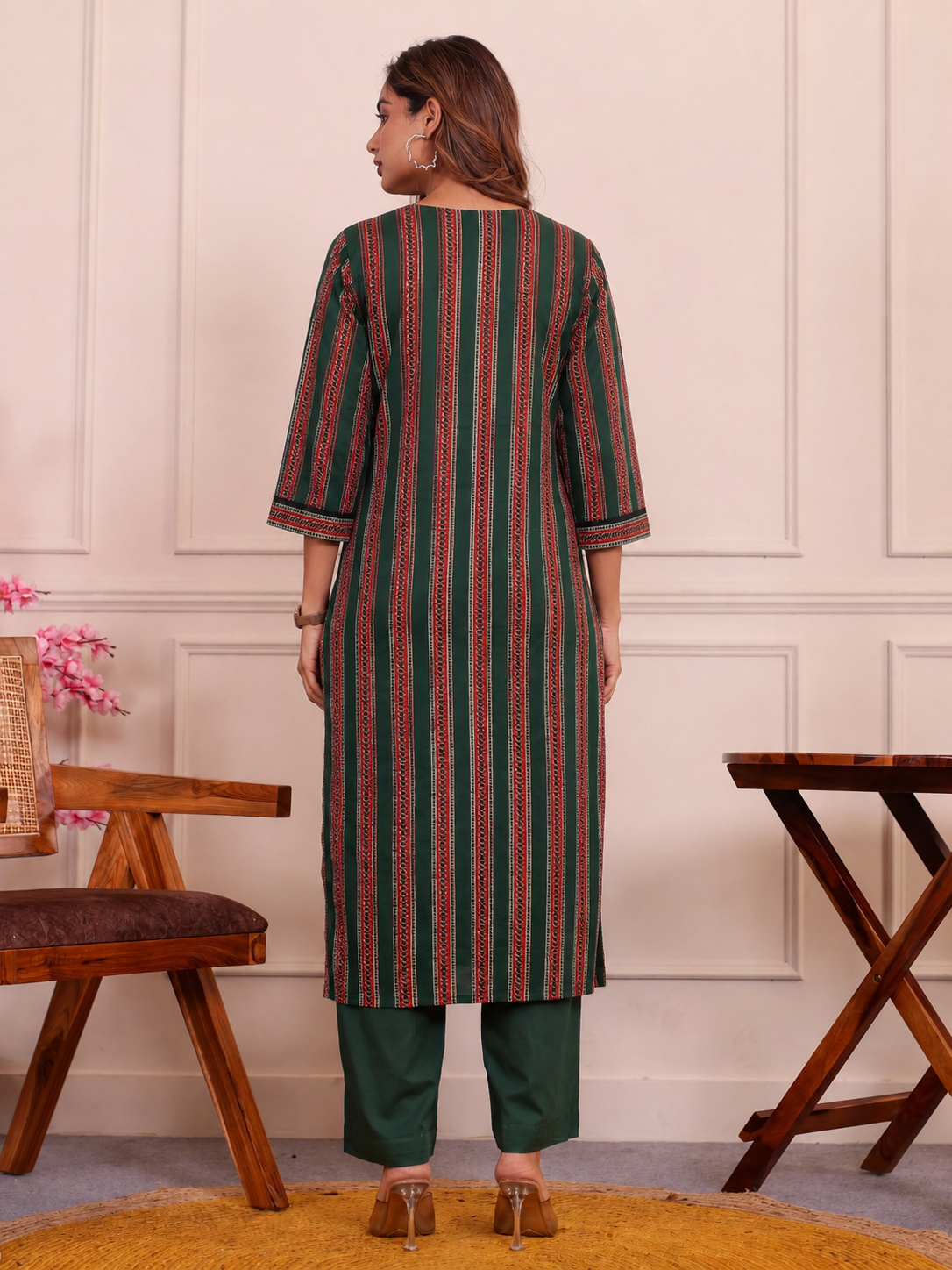 Soft Cotton Striped Straight Green Kurta