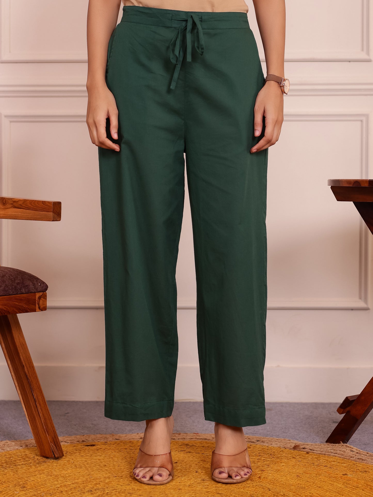 Soft Cotton Solid Green Straight Trousers
