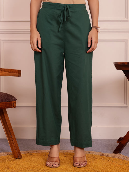 Soft Cotton Solid Green Straight Trousers