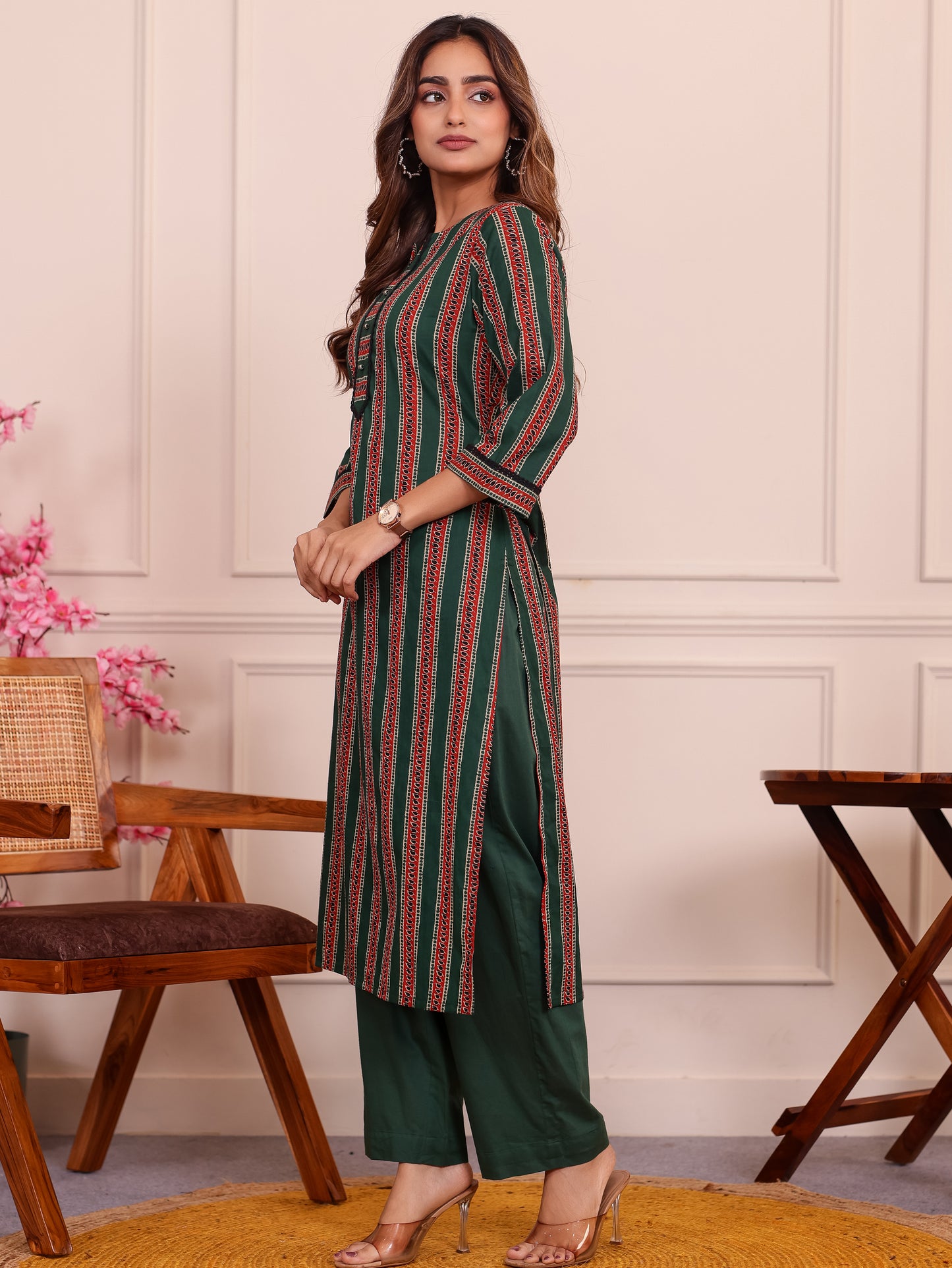 Soft Cotton Striped Straight Green Kurta