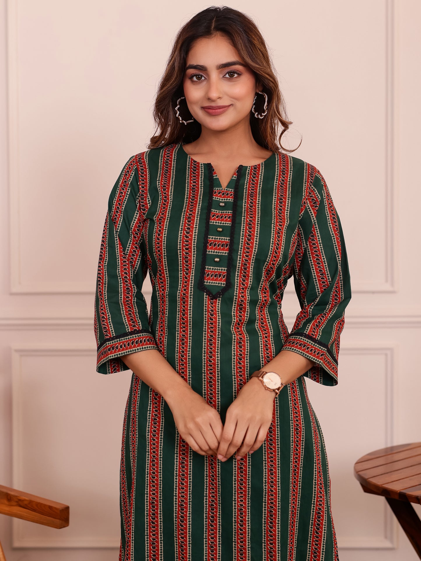 Soft Cotton Striped Straight Green Kurta