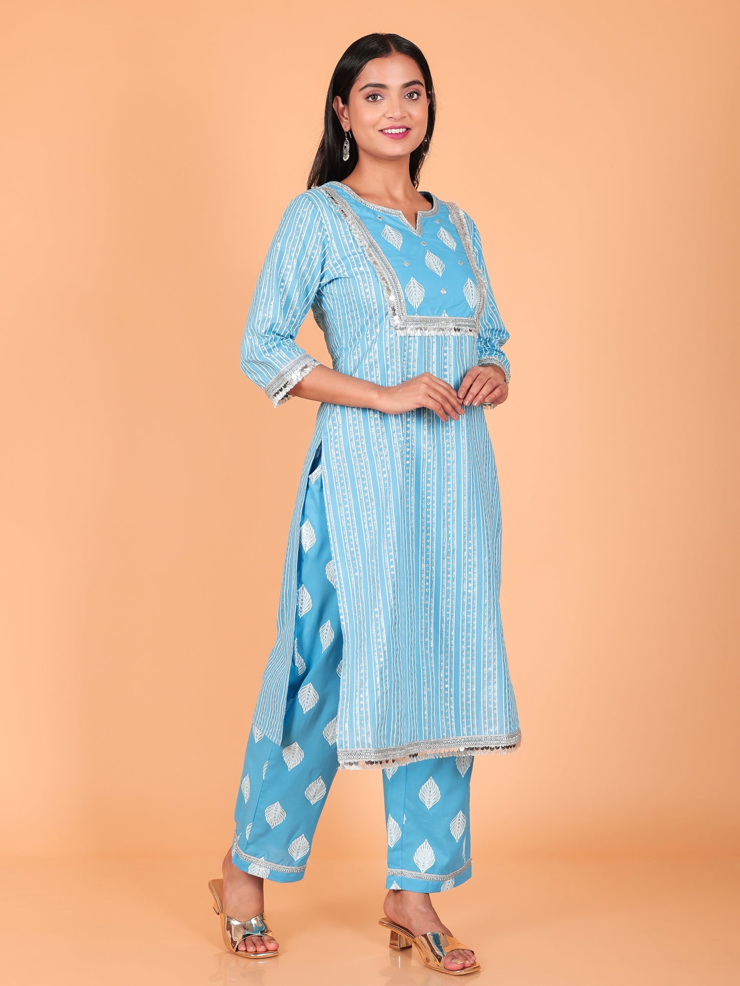 Soft Cotton Striped Straight Blue Kurta