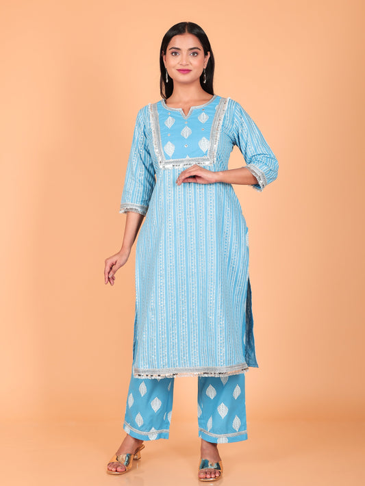 Soft Cotton Striped Straight Blue Kurta