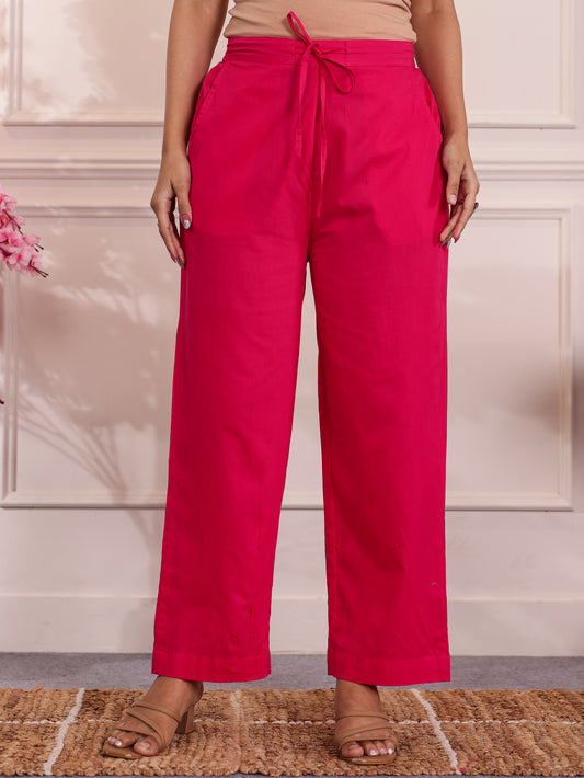 Soft Cotton Solid Pink Straight Trousers