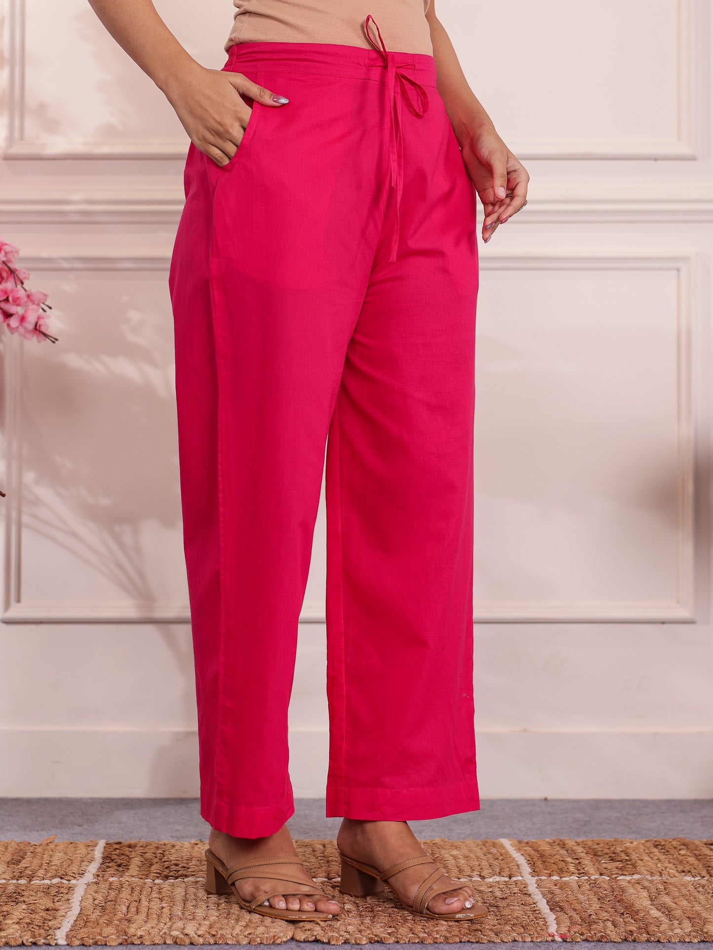 Soft Cotton Solid Pink Straight Trousers