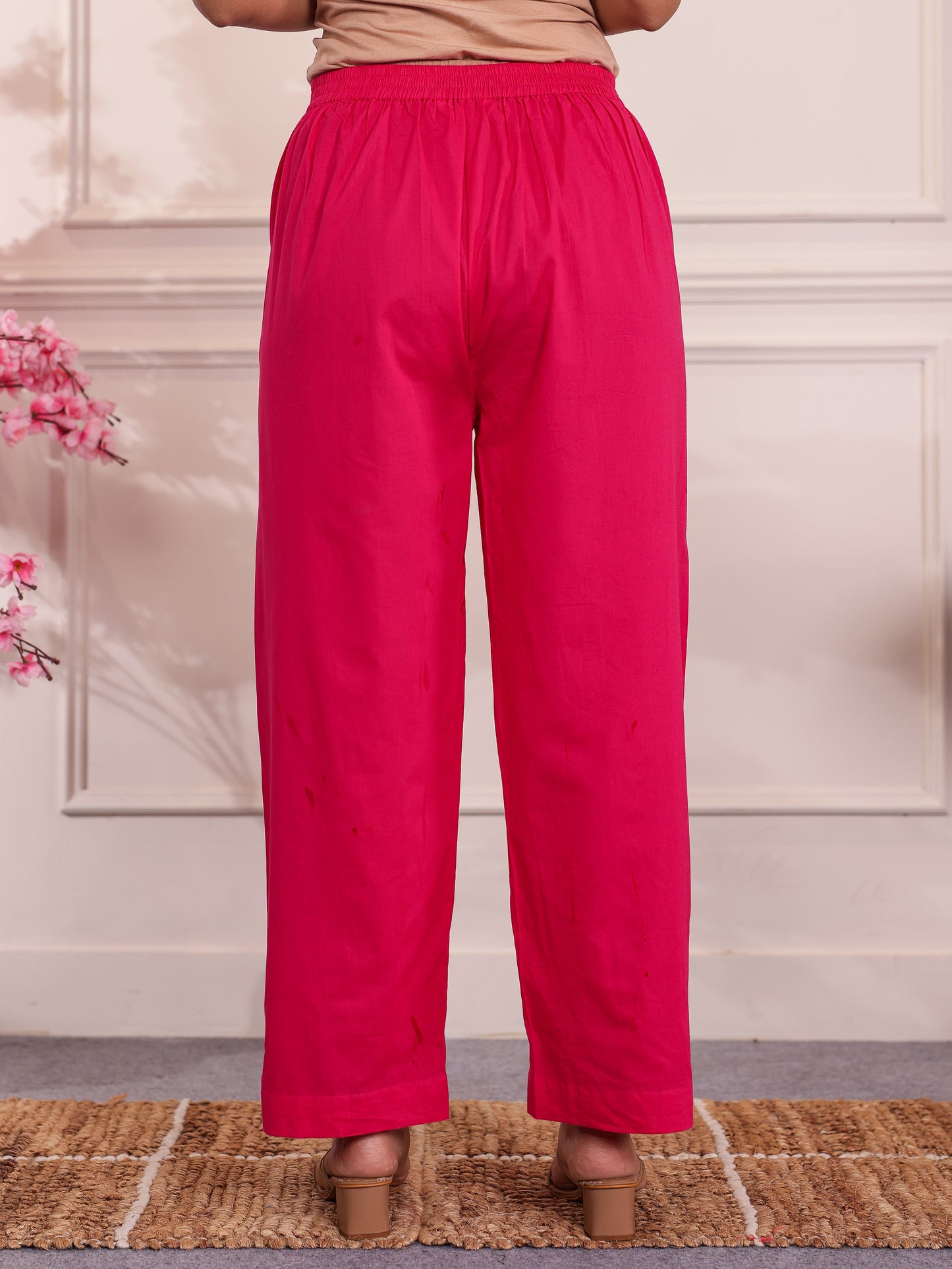 Soft Cotton Solid Pink Straight Trousers