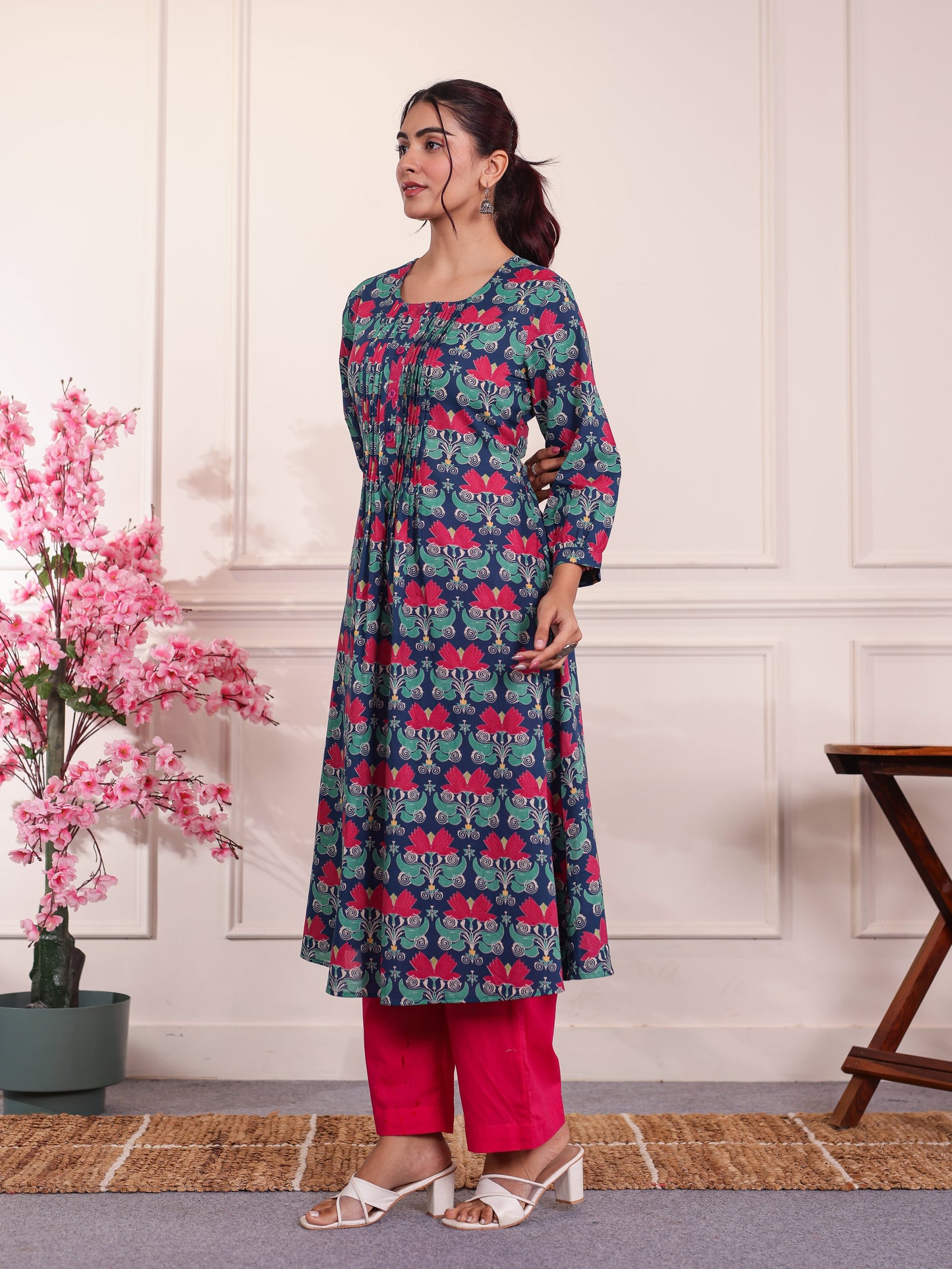 Soft Cotton Floral Flared Blue Kurta