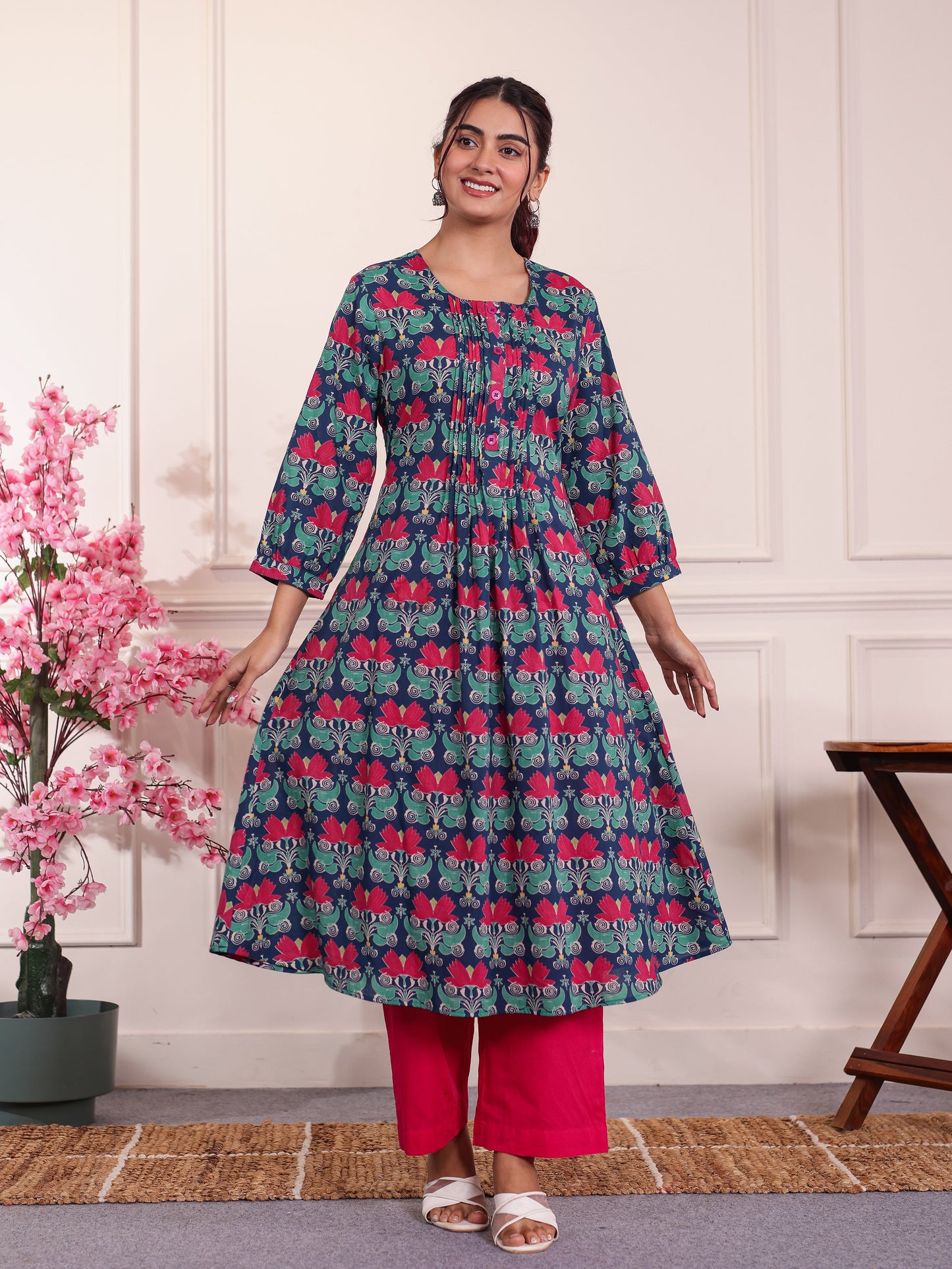 Soft Cotton Floral Flared Blue Kurta