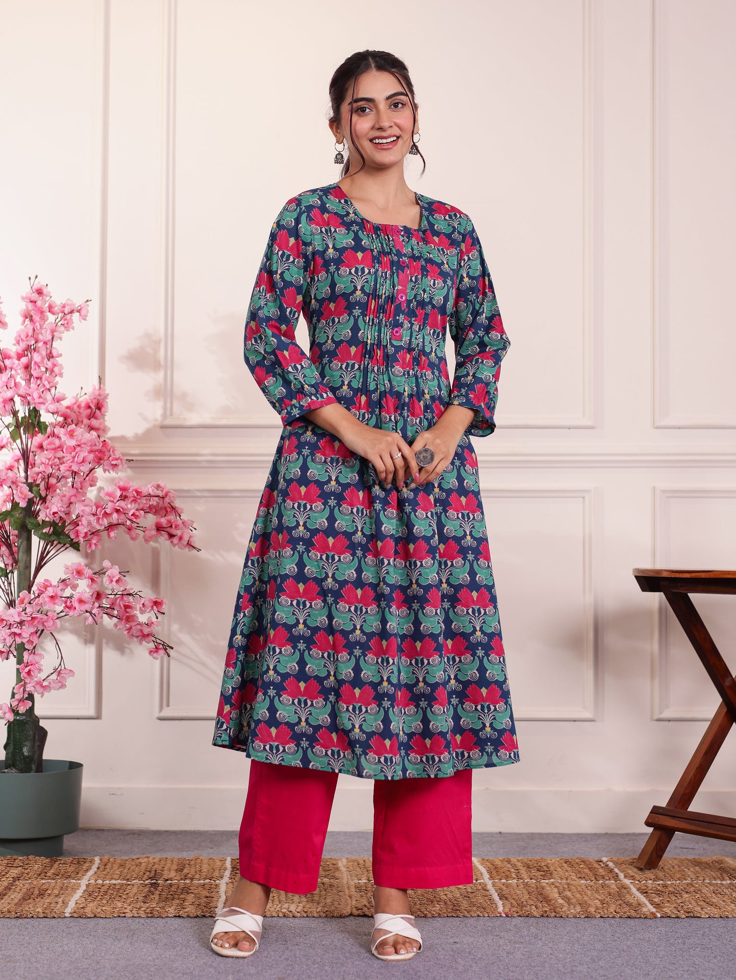 Soft Cotton Floral Flared Blue Kurta