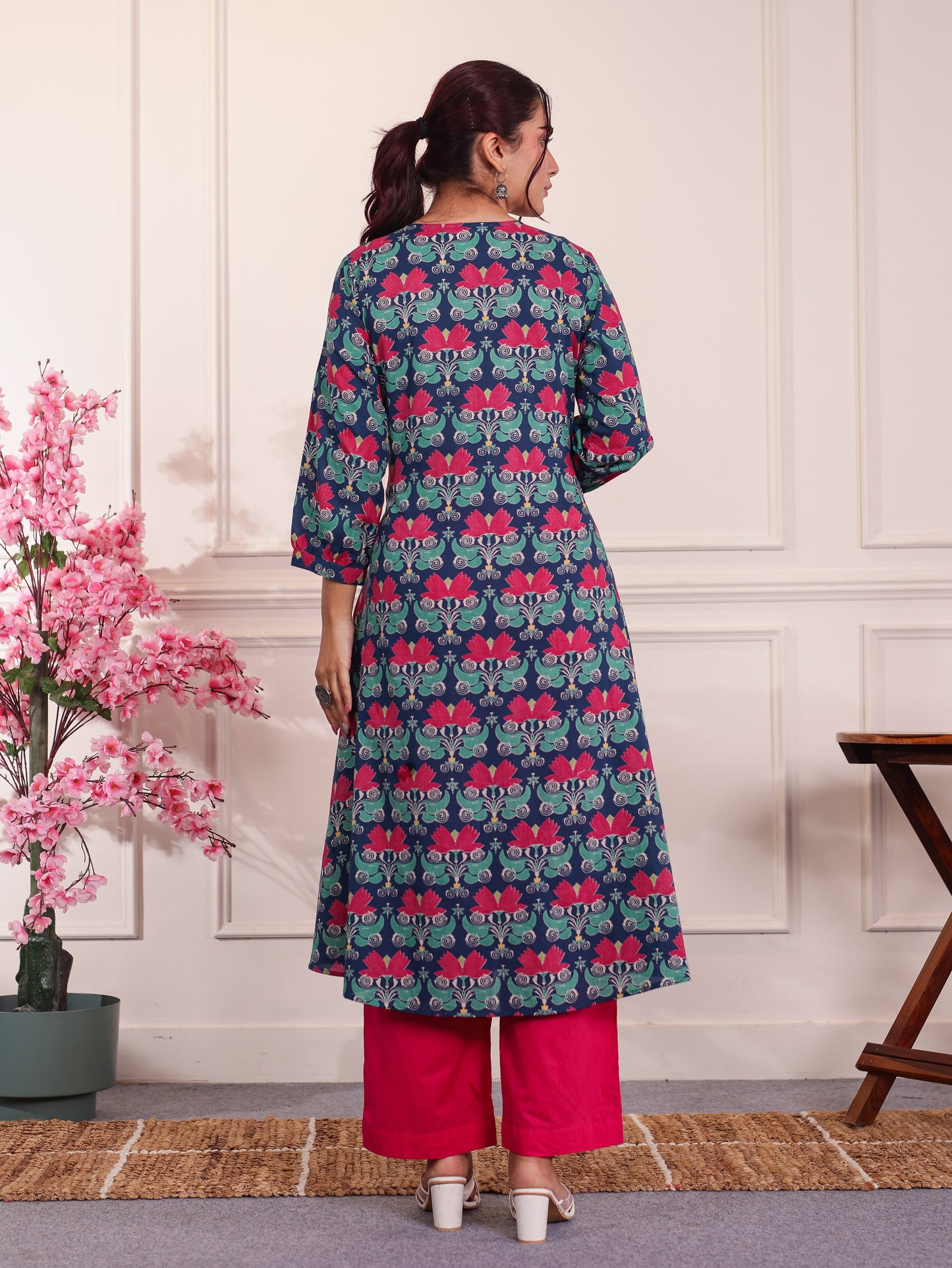 Soft Cotton Floral Flared Blue Kurta