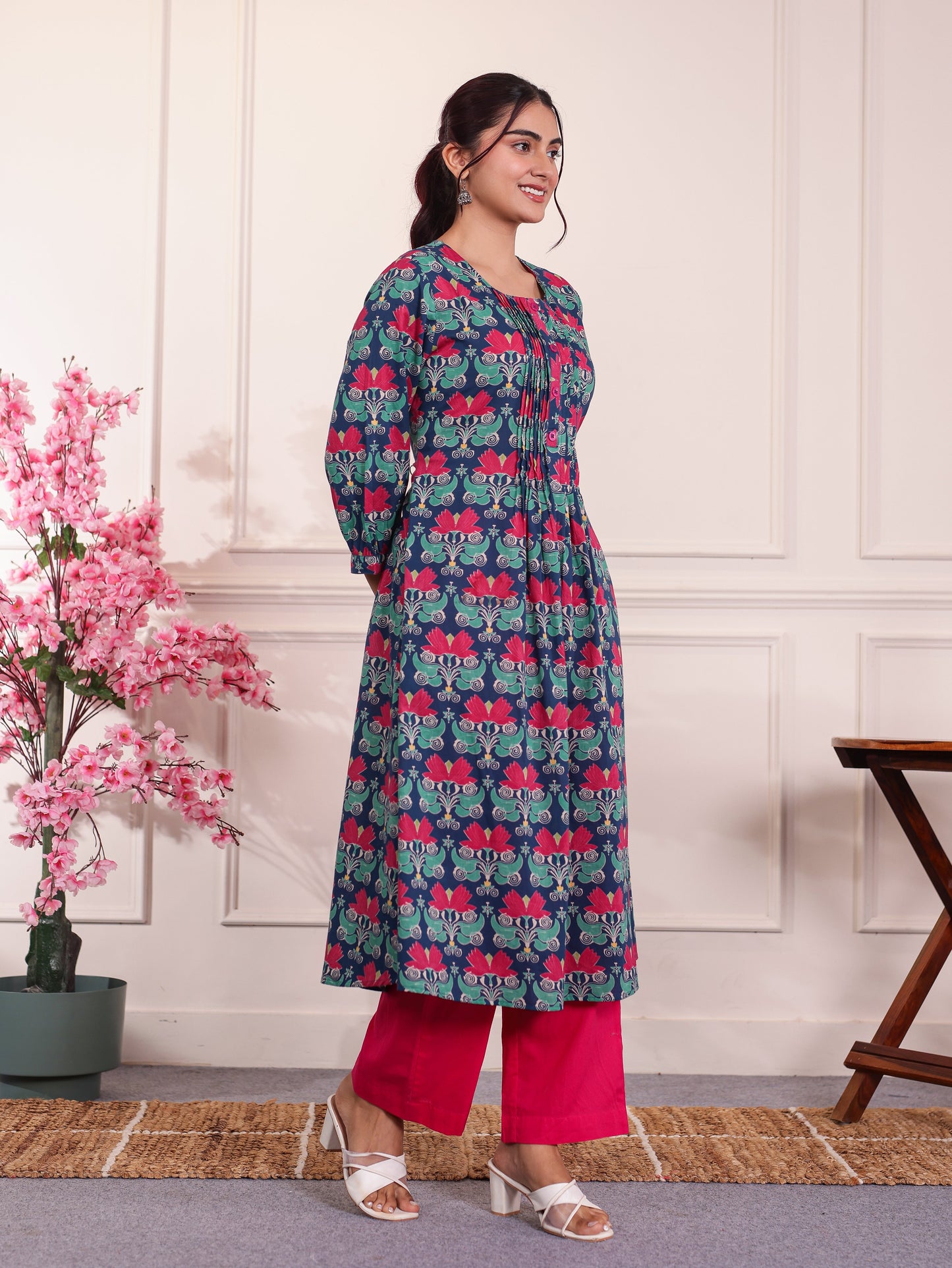 Soft Cotton Floral Flared Blue Kurta