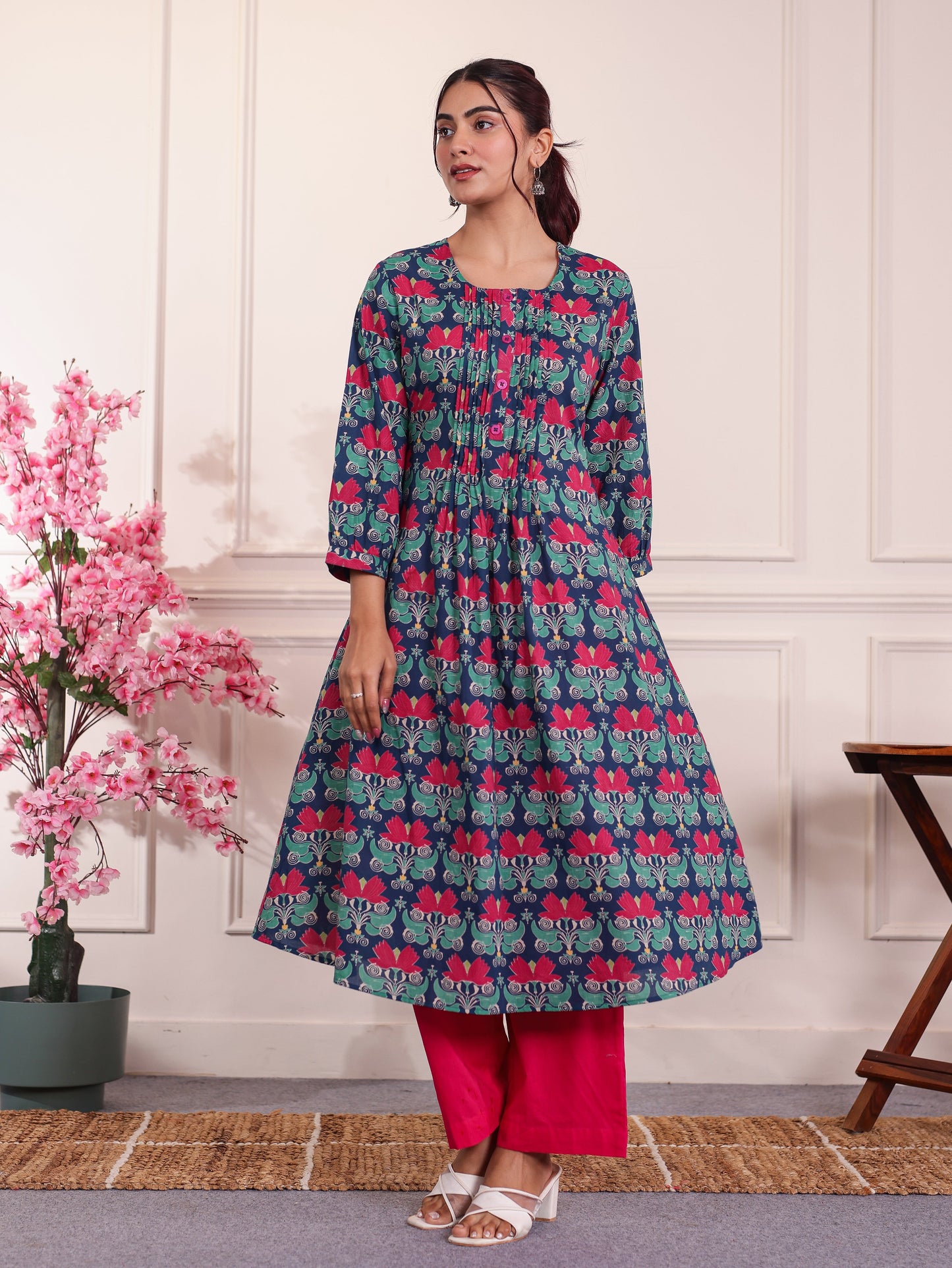 Soft Cotton Floral Flared Blue Kurta