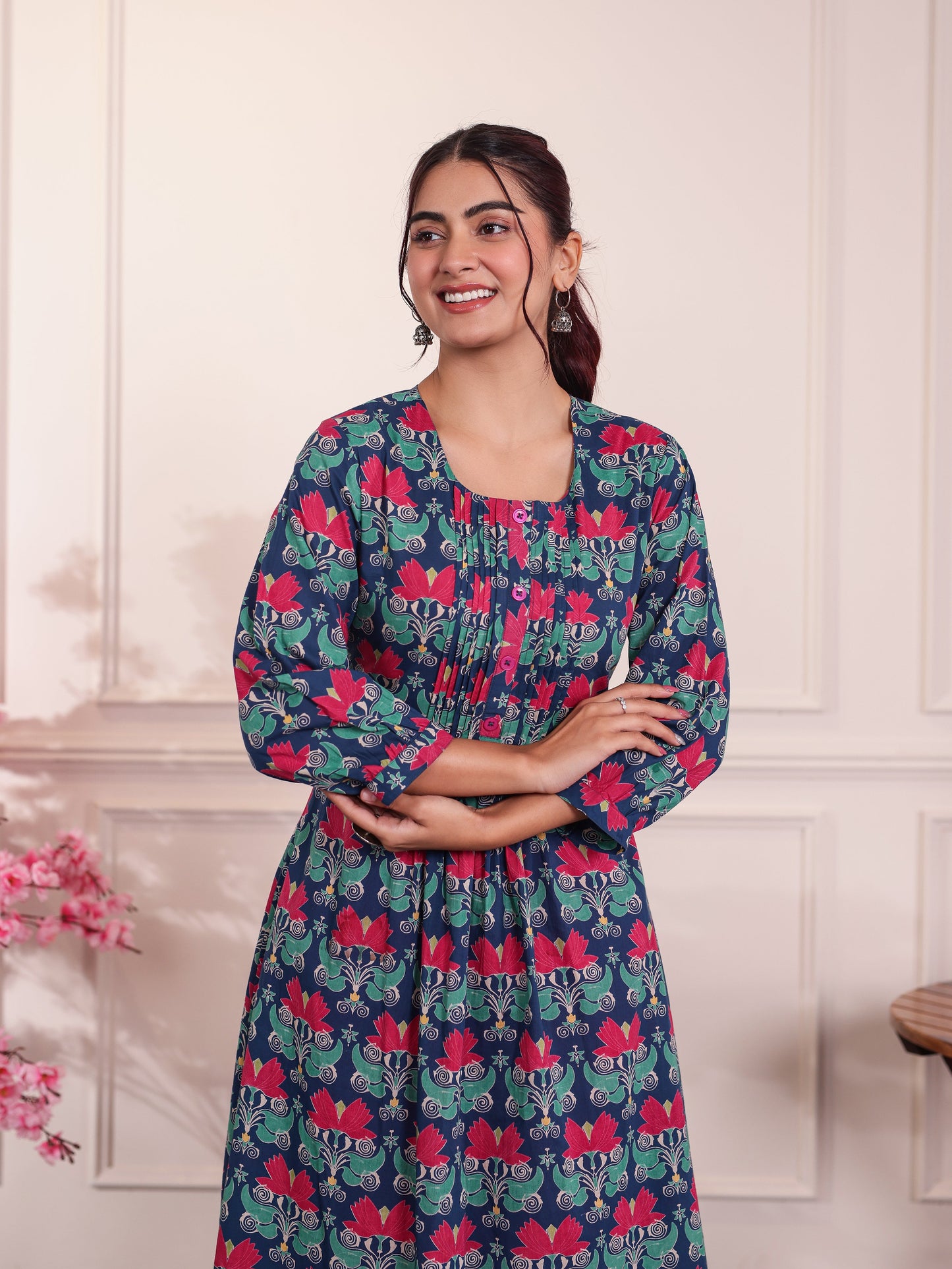 Soft Cotton Floral Flared Blue Kurta