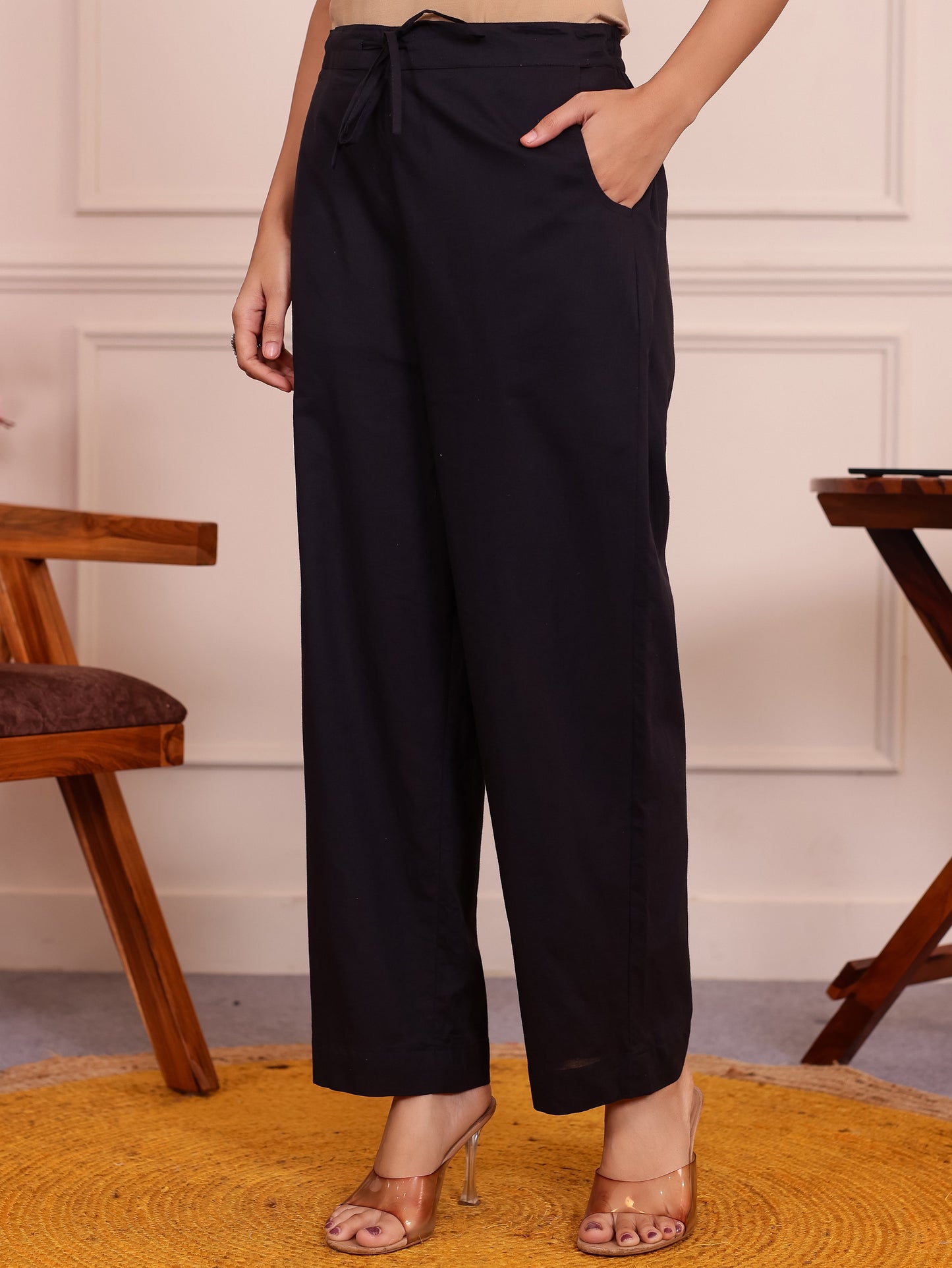 Soft Cotton Solid Black Trousers  Tapered Trousers