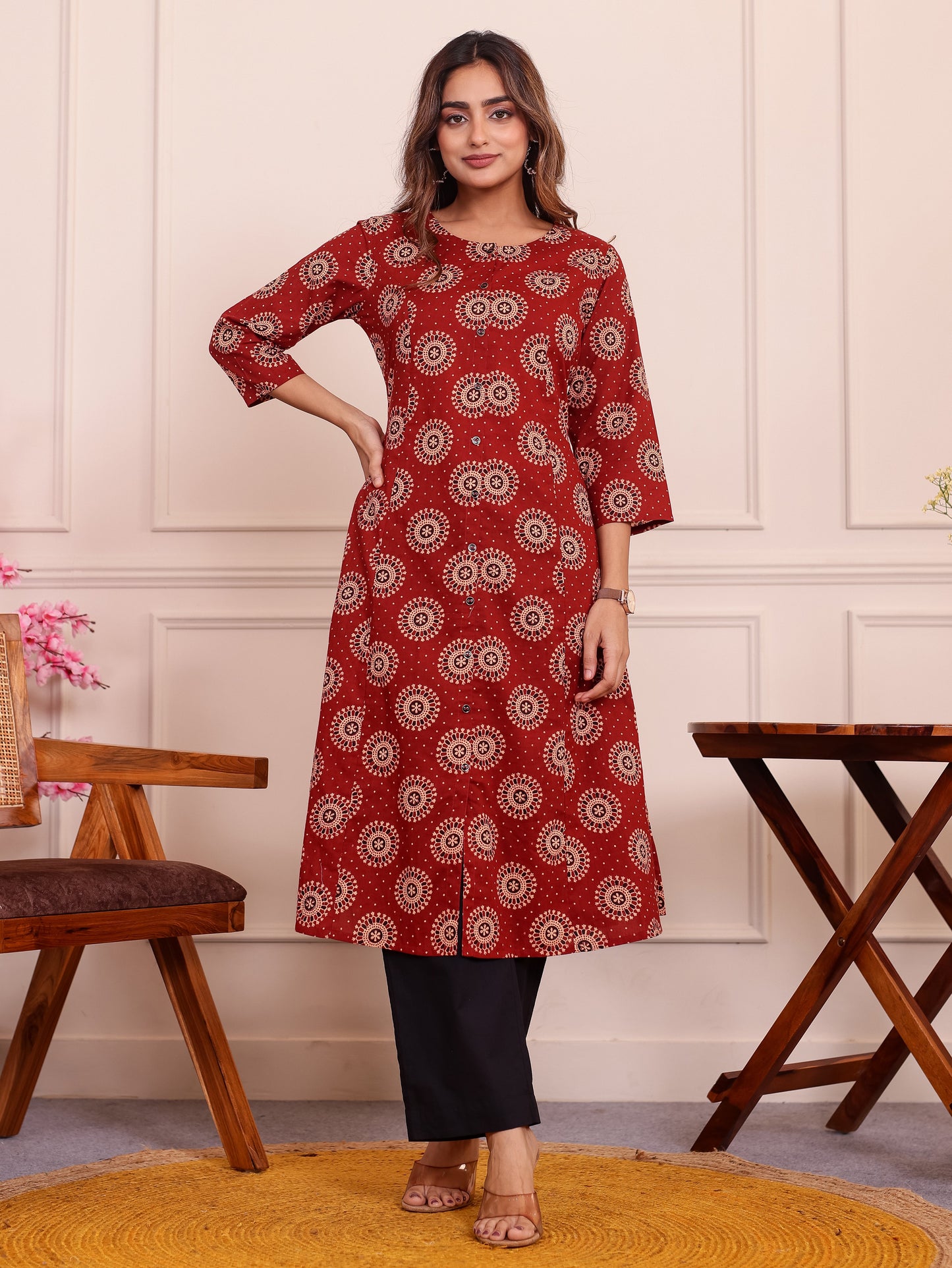 Soft Cotton Geometric Flared Maroon Kurta