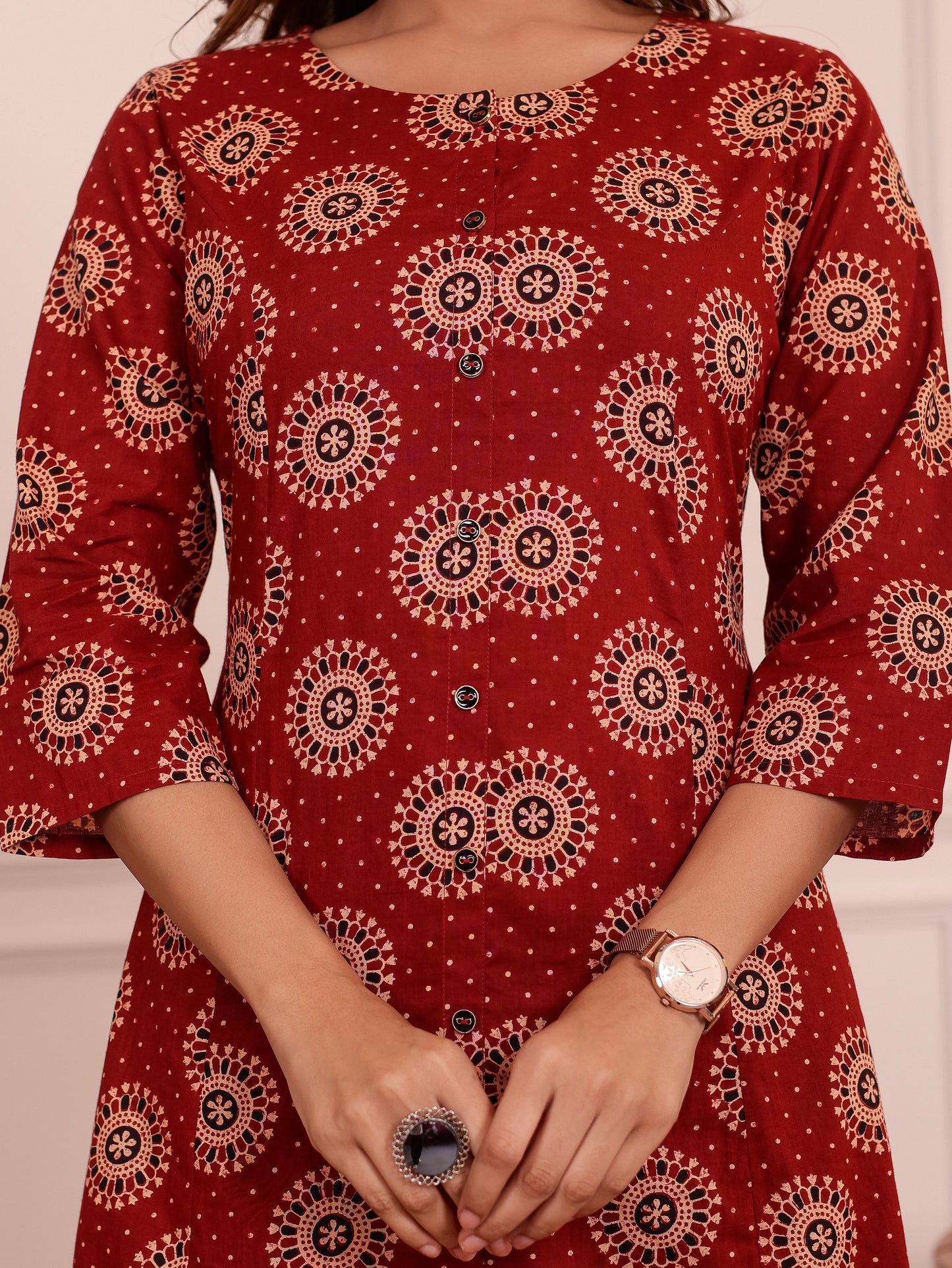 Soft Cotton Geometric Flared Maroon Kurta