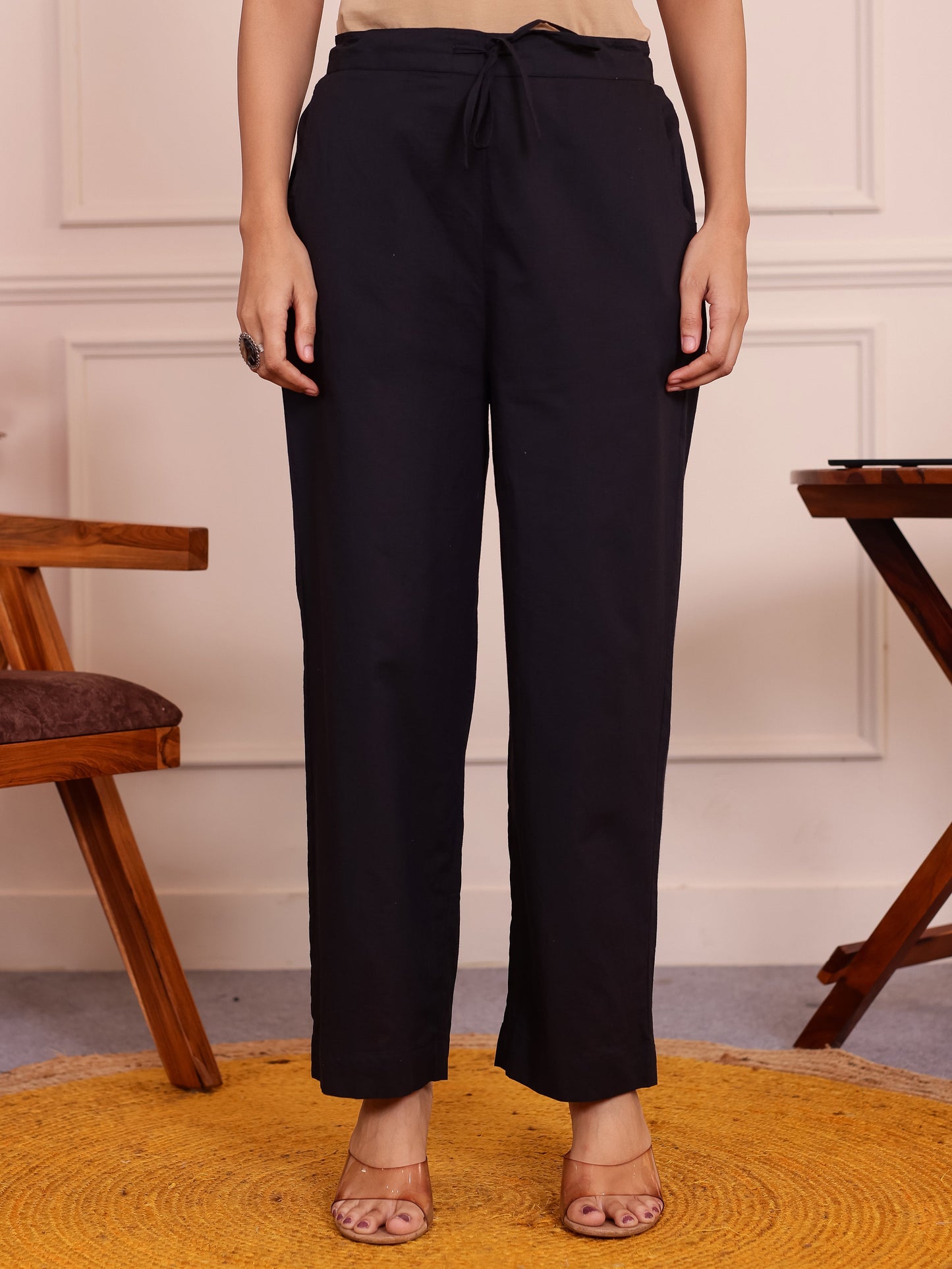Soft Cotton Solid Black Trousers  Tapered Trousers