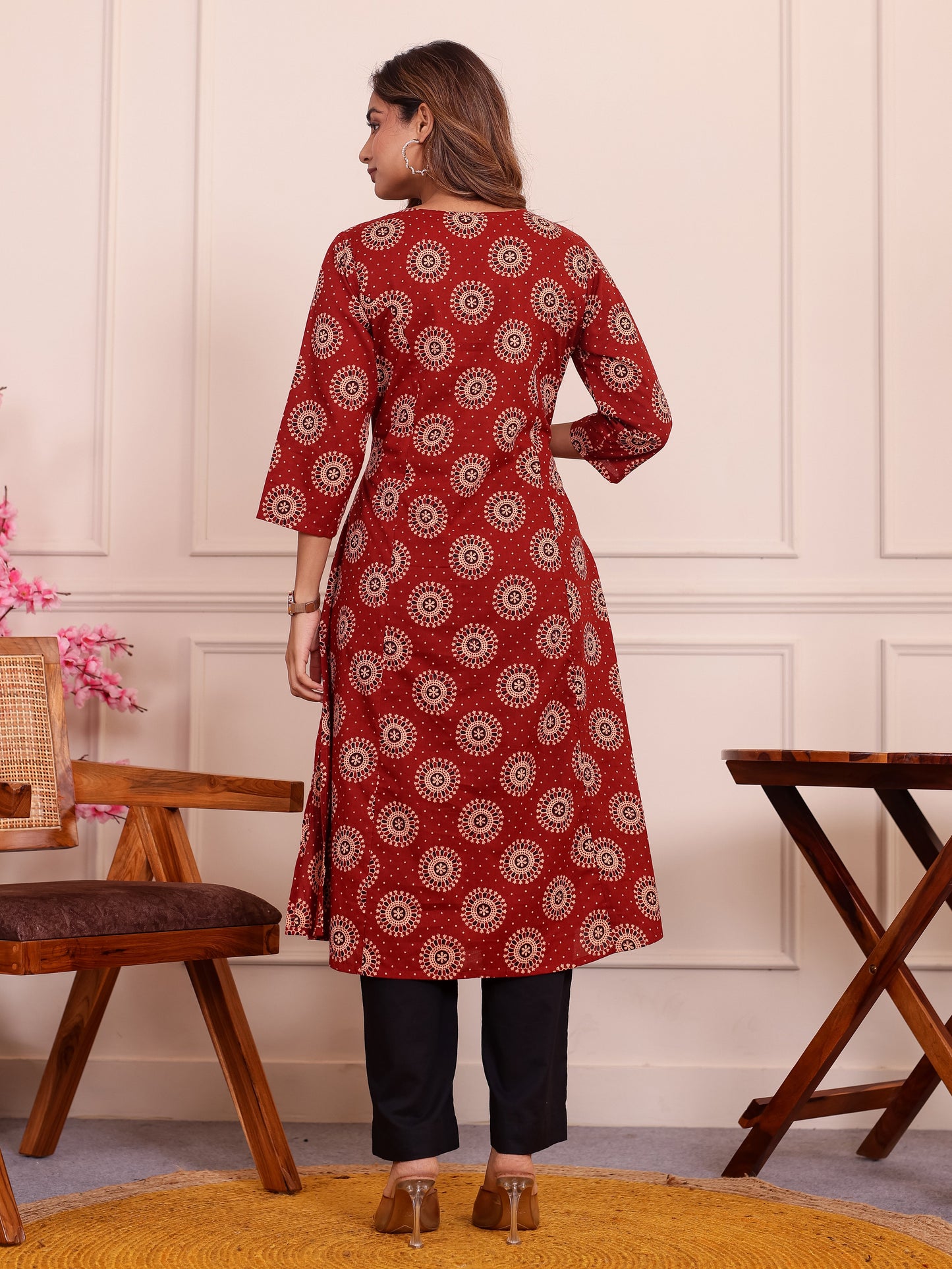 Soft Cotton Geometric Flared Maroon Kurta