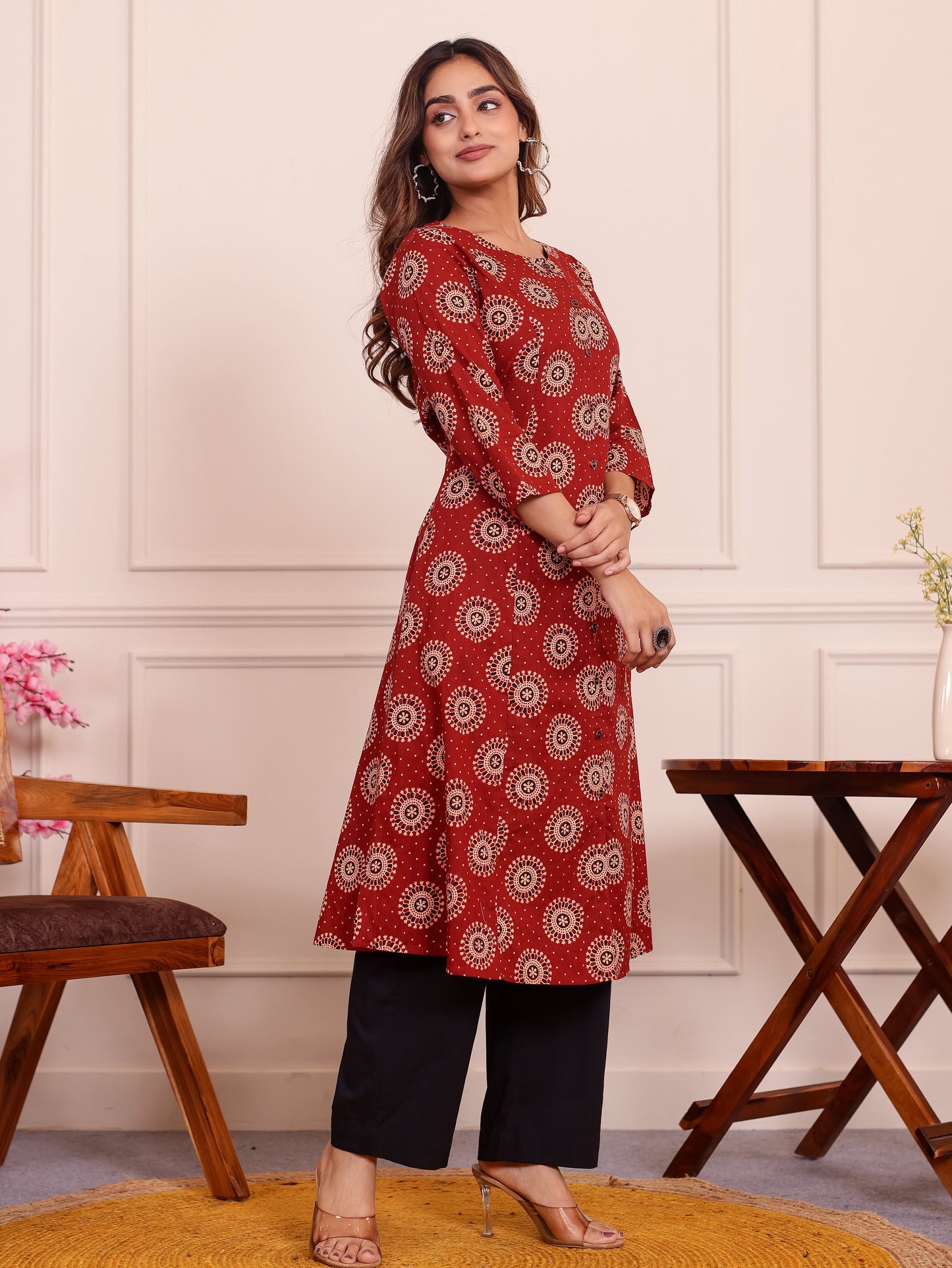 Soft Cotton Geometric Flared Maroon Kurta