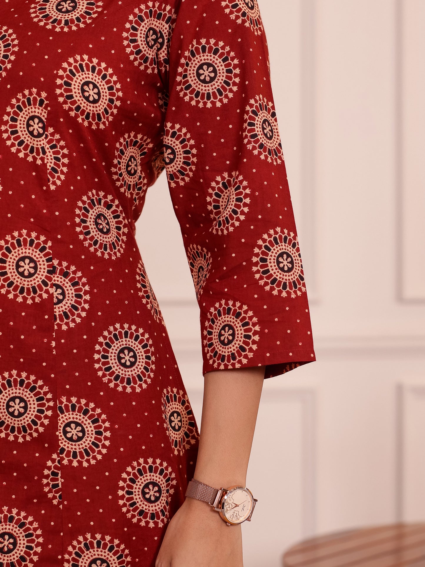 Soft Cotton Geometric Flared Maroon Kurta