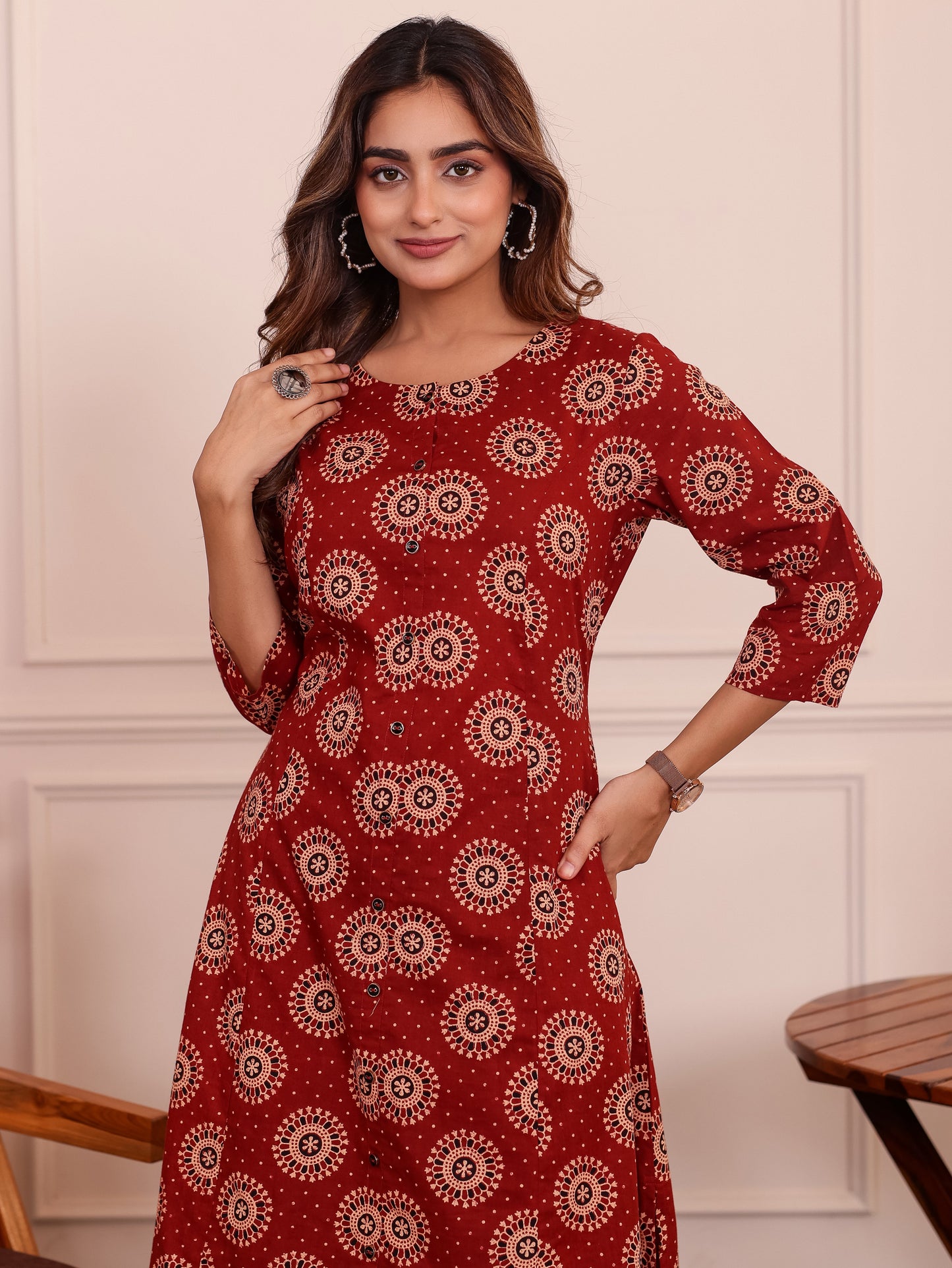 Soft Cotton Geometric Flared Maroon Kurta