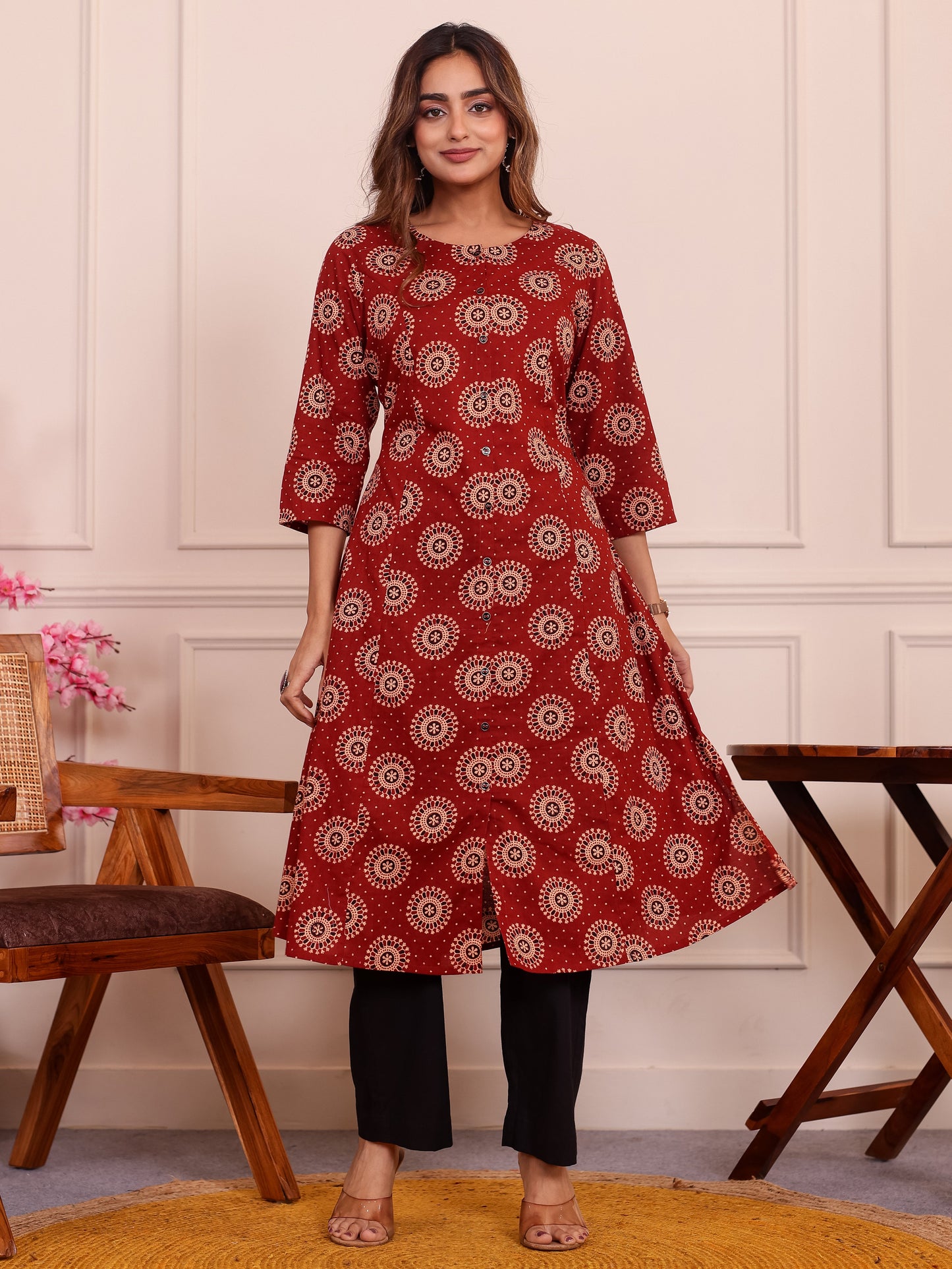 Soft Cotton Geometric Flared Maroon Kurta