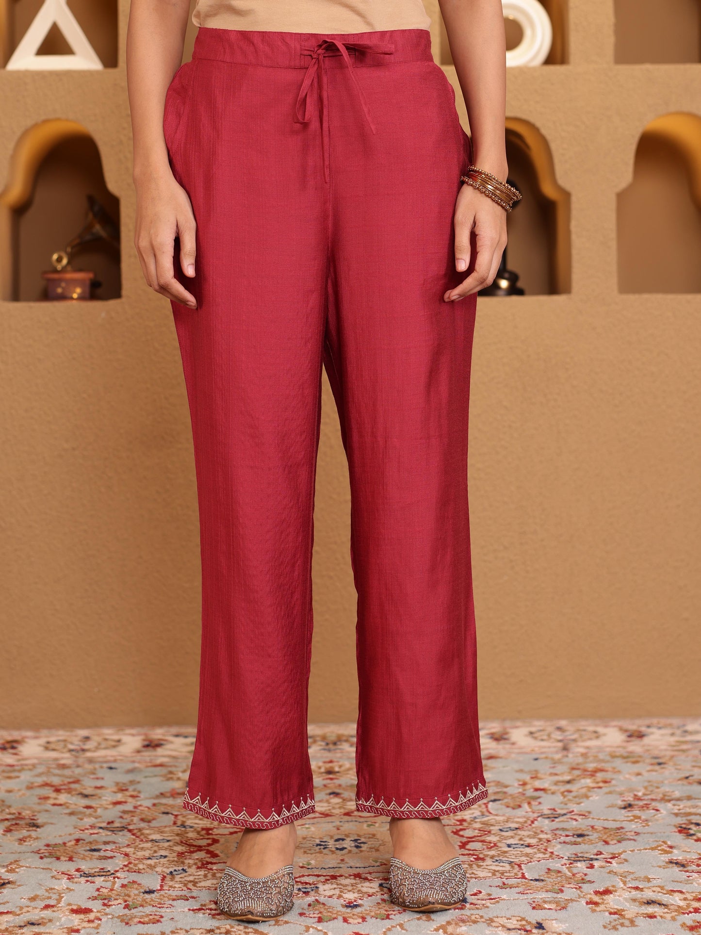 Embroidered Blended Silk Solid Maroon Straight Trousers