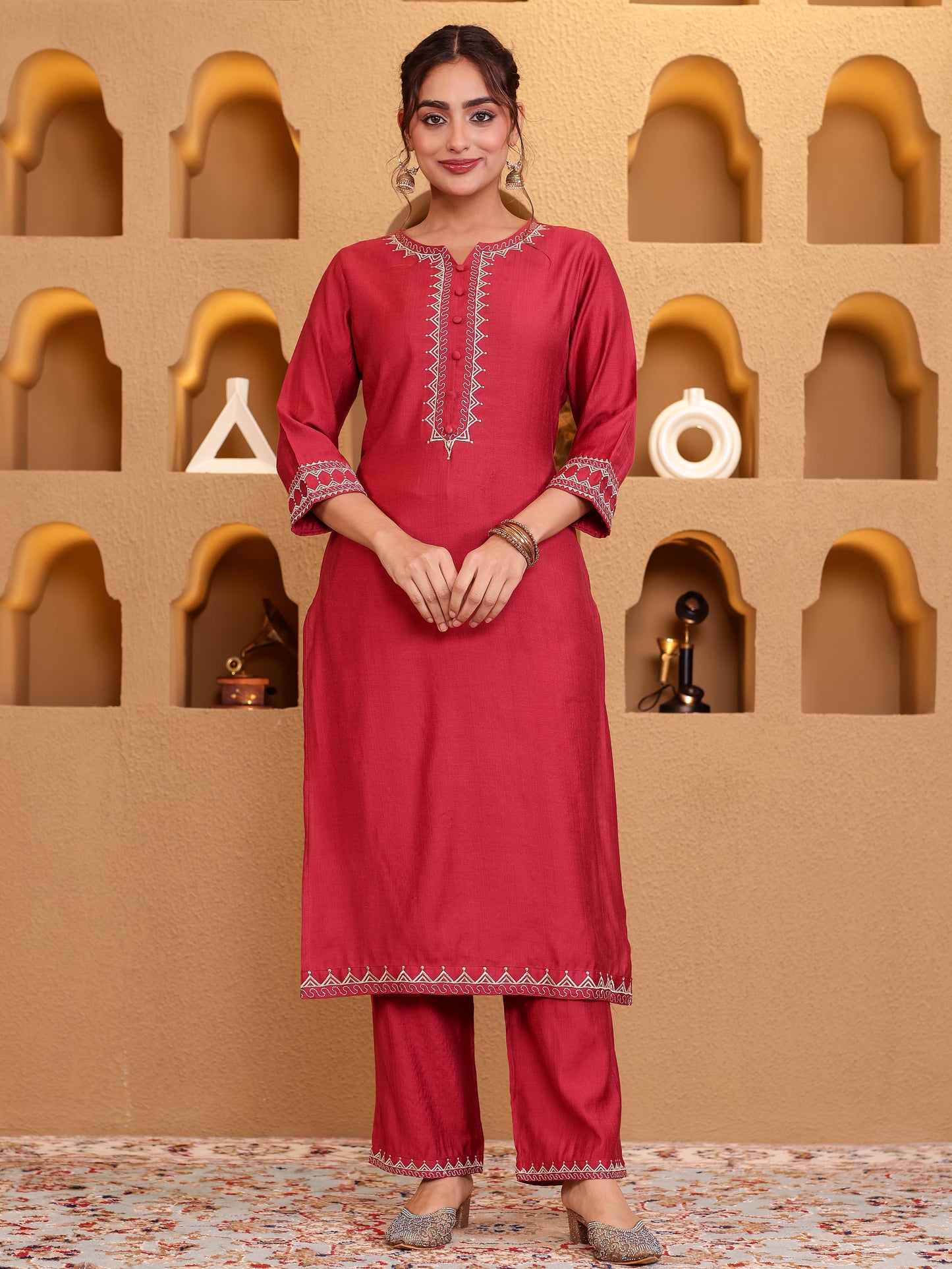 Embroidered Blended Silk Solid Straight Maroon Kurta