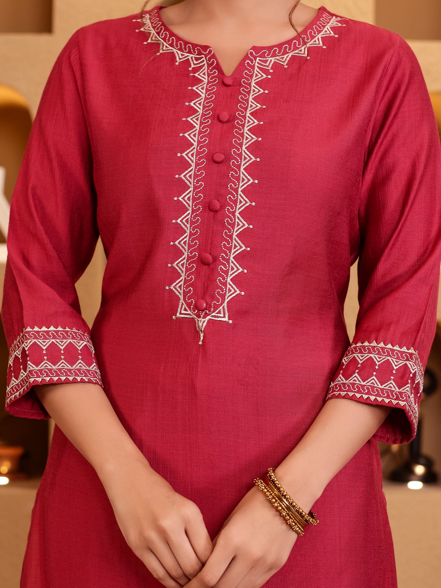 Embroidered Blended Silk Solid Straight Maroon Kurta