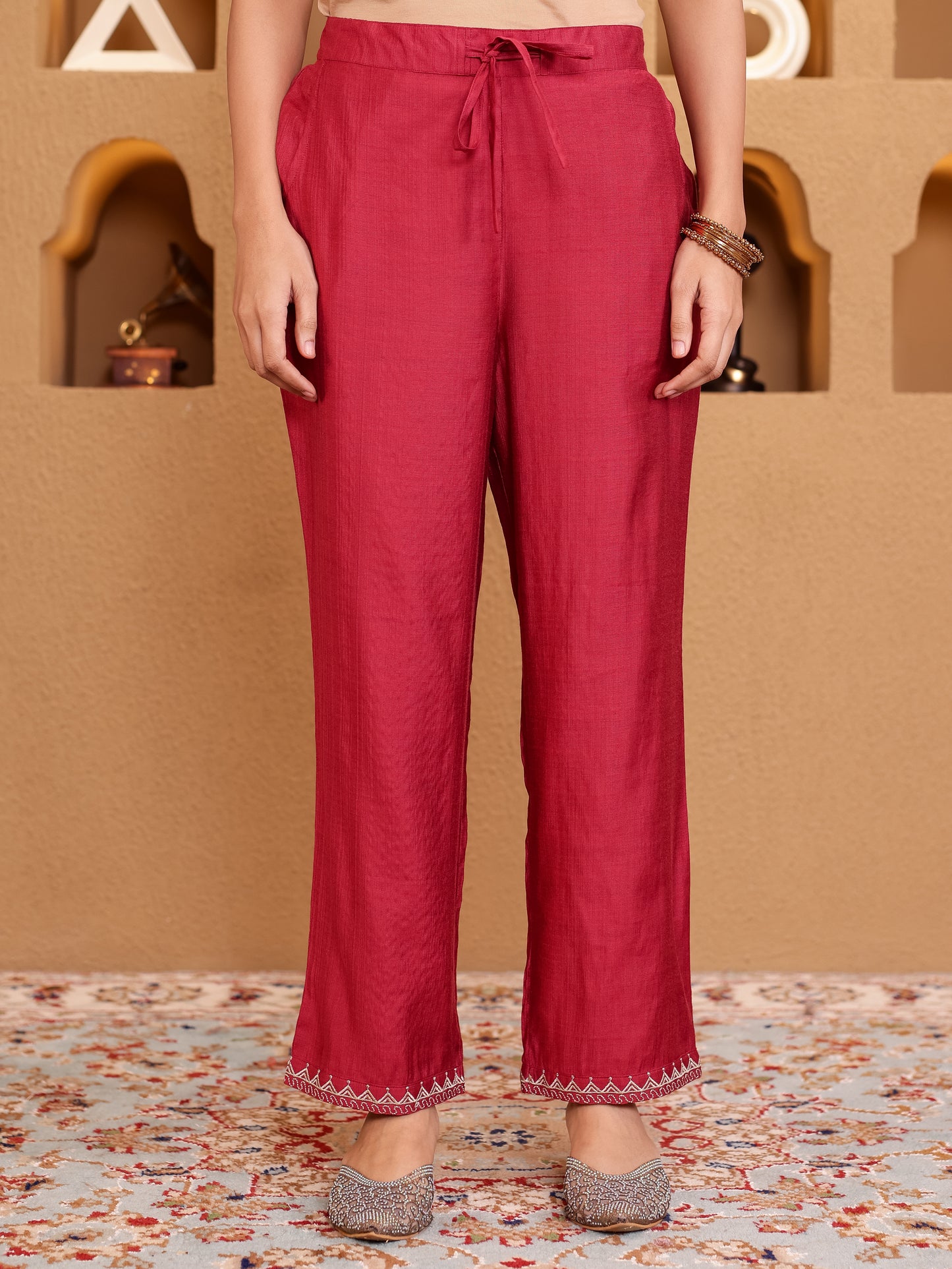Embroidered Blended Silk Solid Straight Maroon Kurta
