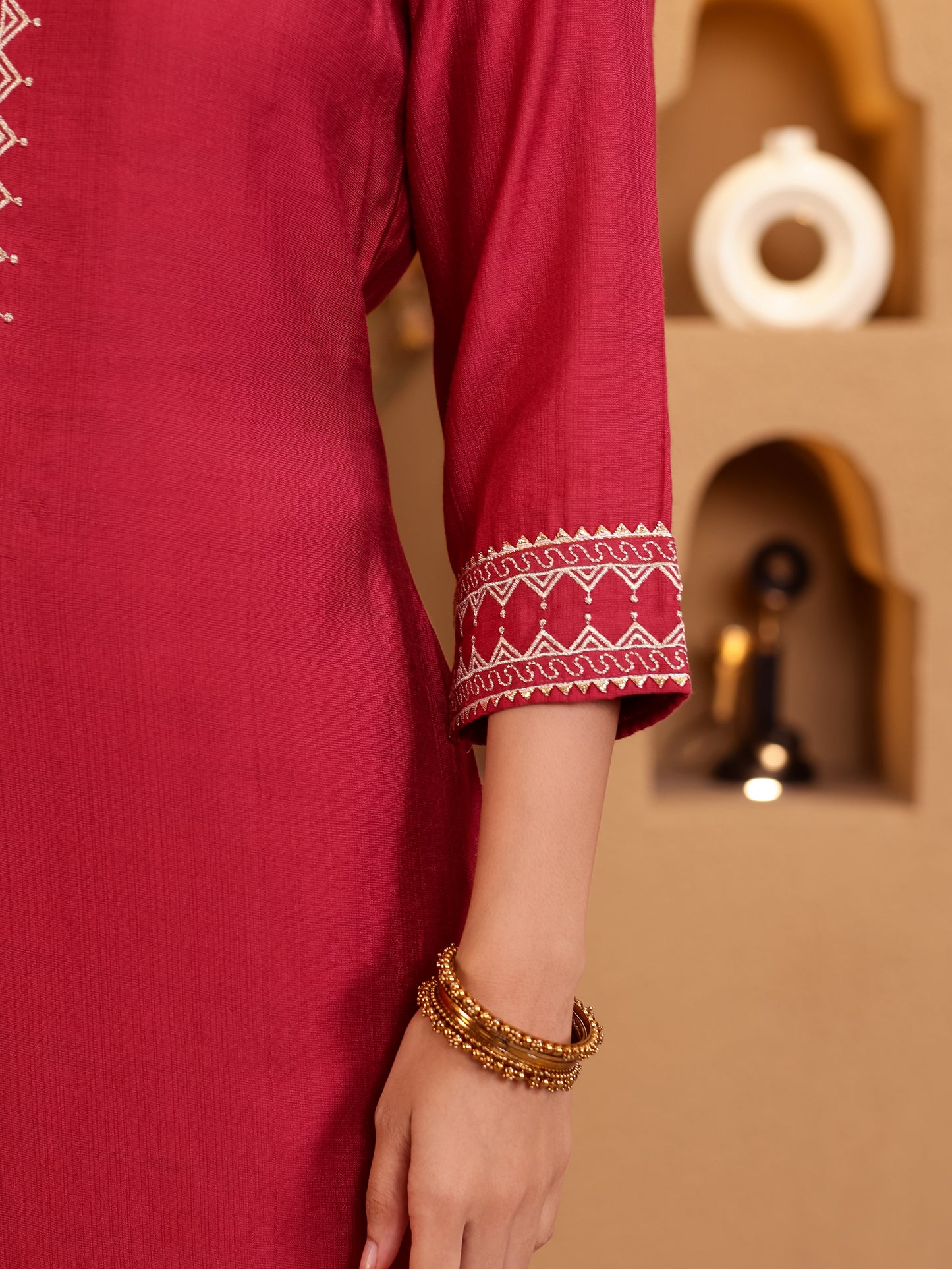 Embroidered Blended Silk Solid Straight Maroon Kurta