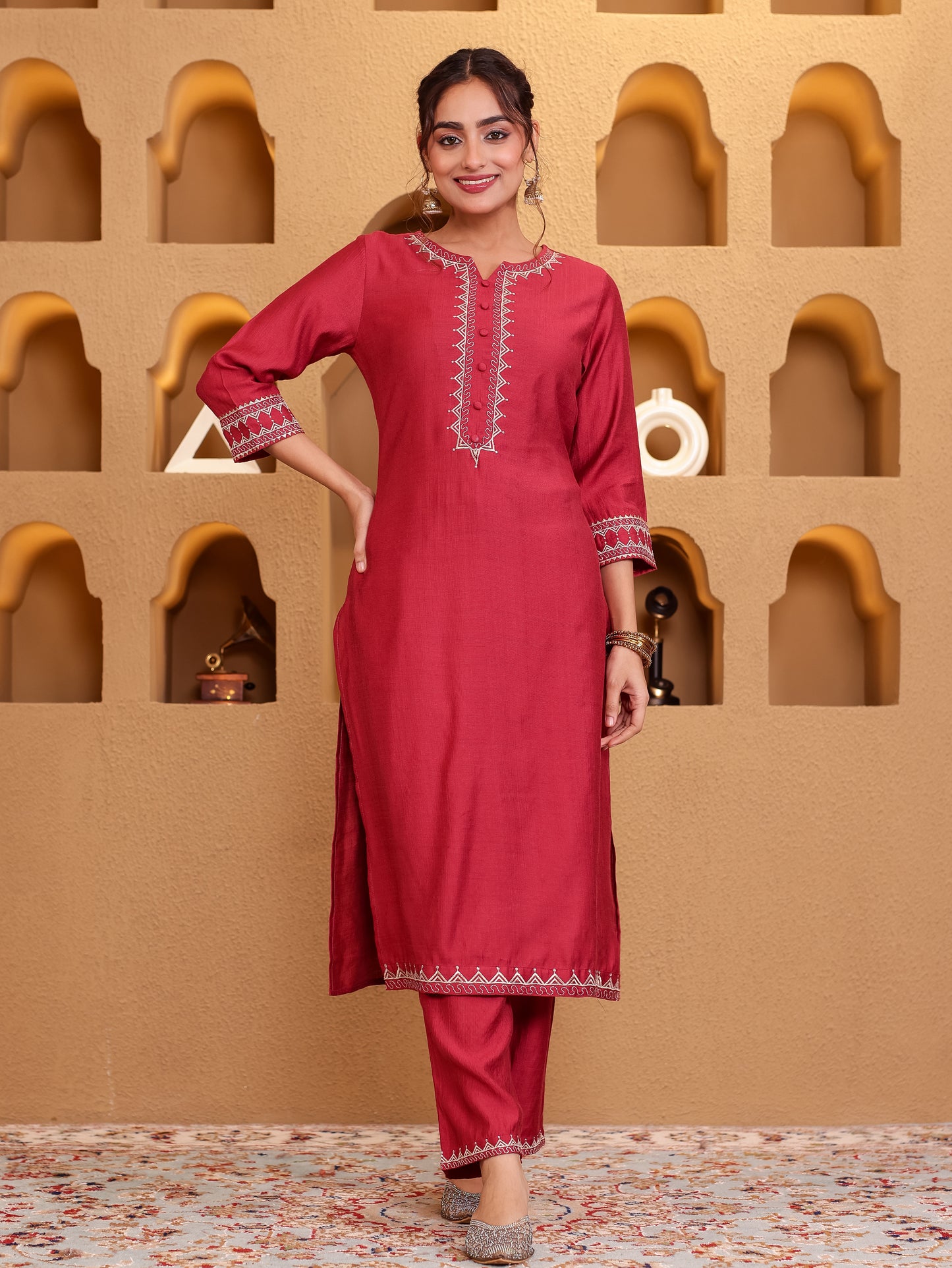 Embroidered Blended Silk Solid Straight Maroon Kurta