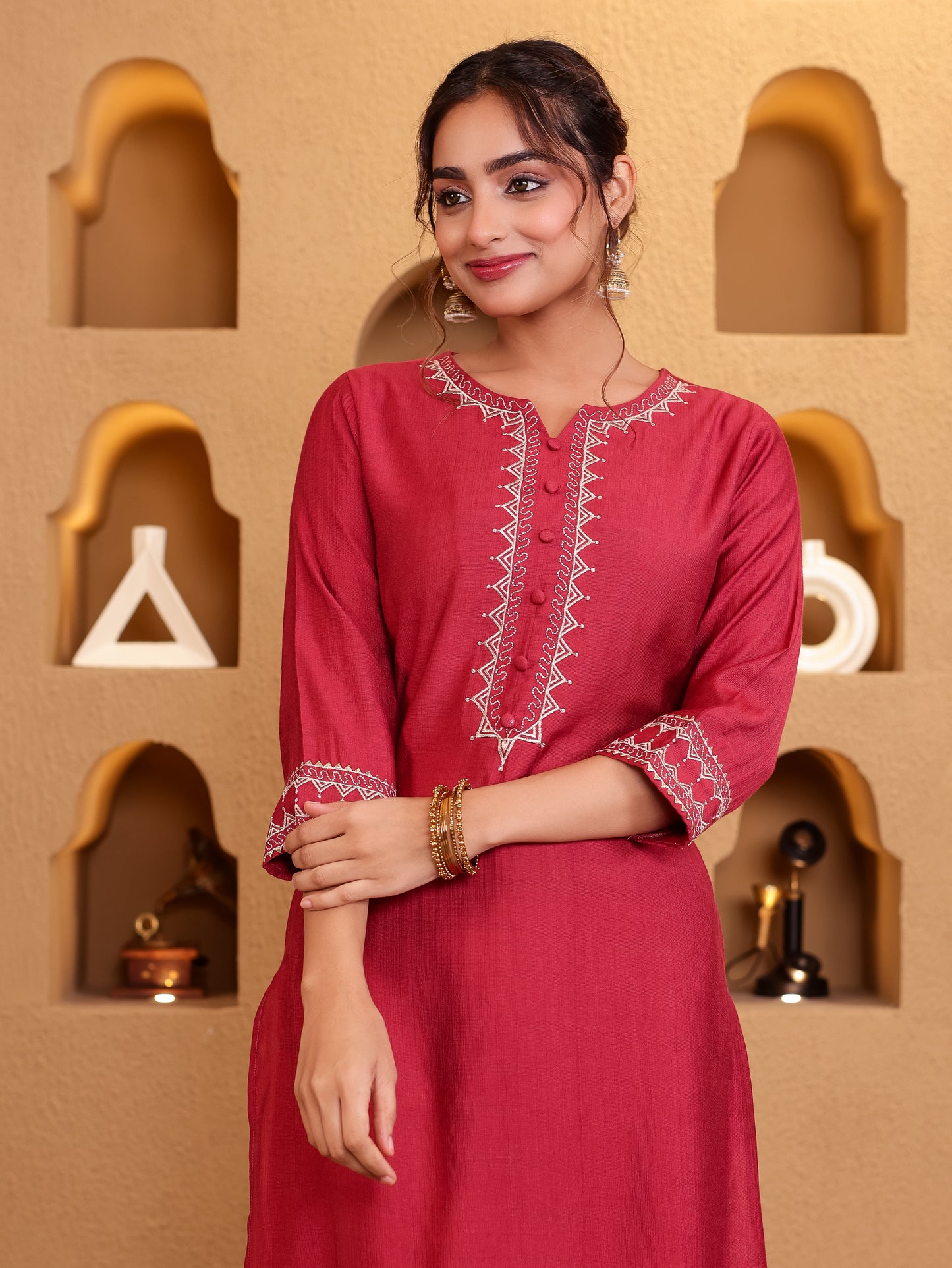Embroidered Blended Silk Solid Straight Maroon Kurta