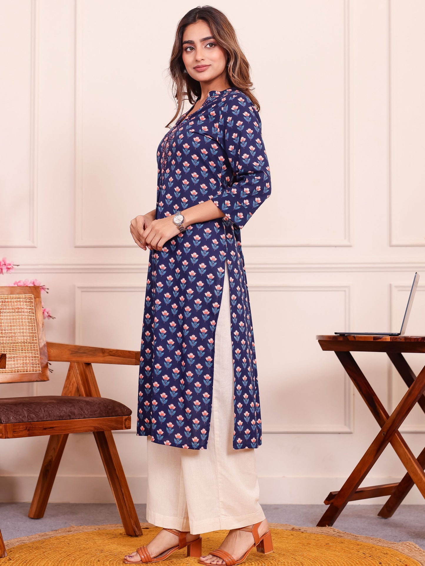 Embroidered Soft Cotton Butta Straight Blue Kurta