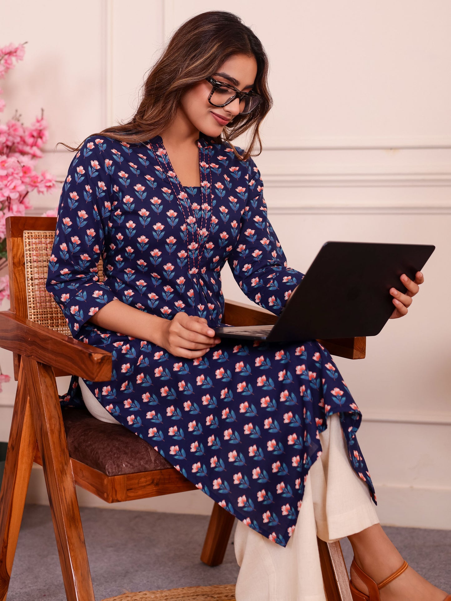 Embroidered Soft Cotton Butta Straight Blue Kurta