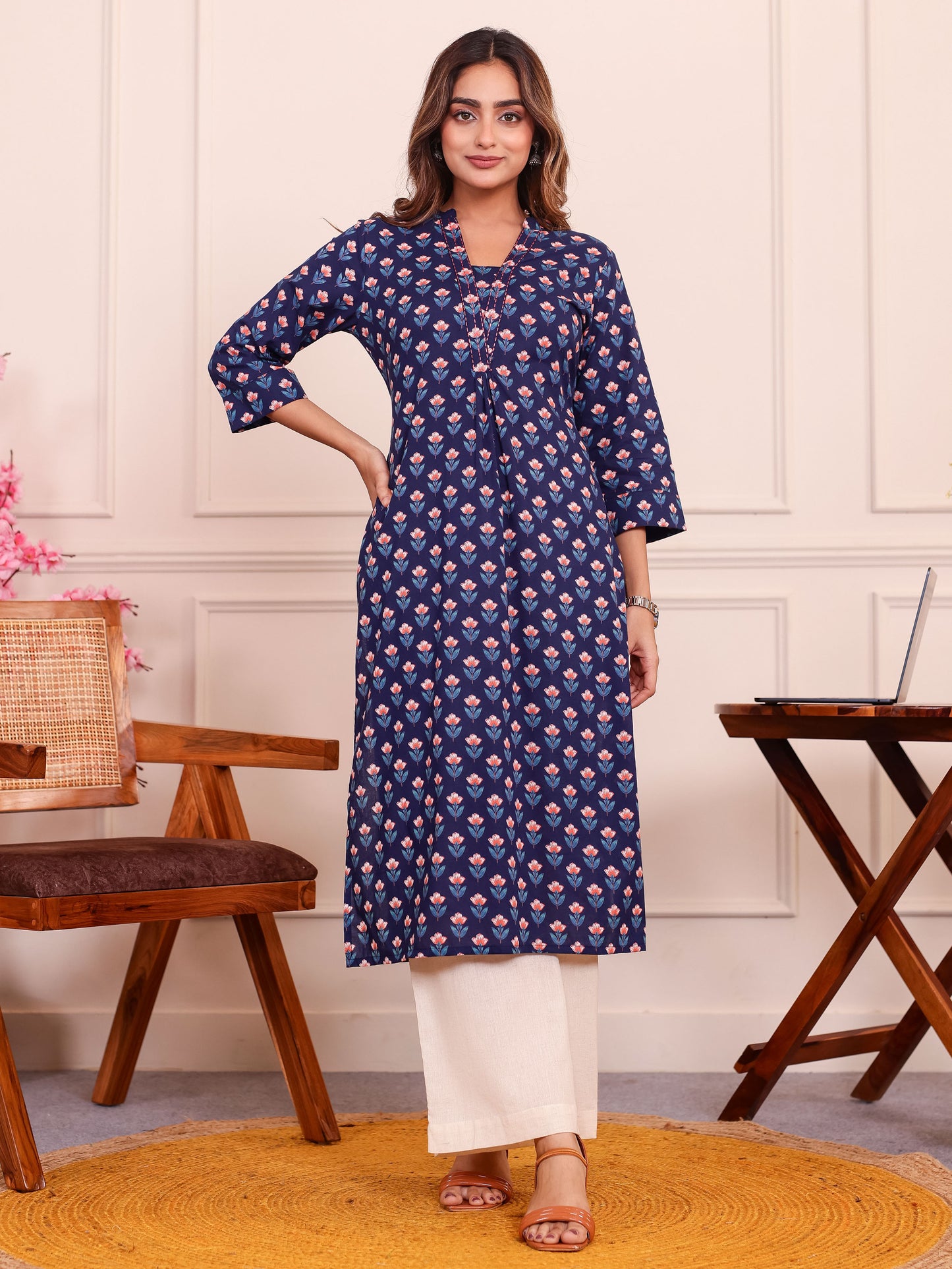 Embroidered Soft Cotton Butta Straight Blue Kurta