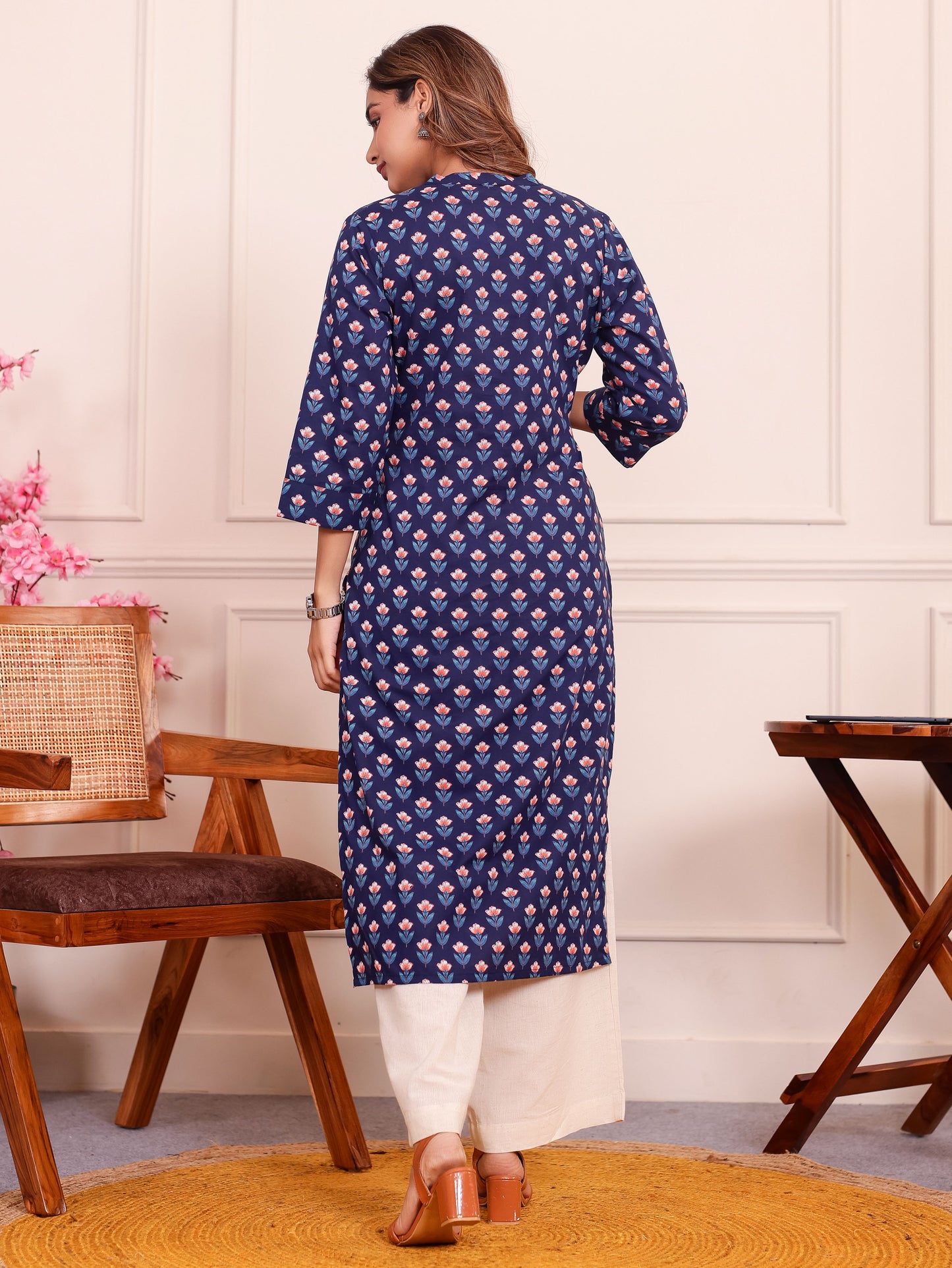 Embroidered Soft Cotton Butta Straight Blue Kurta