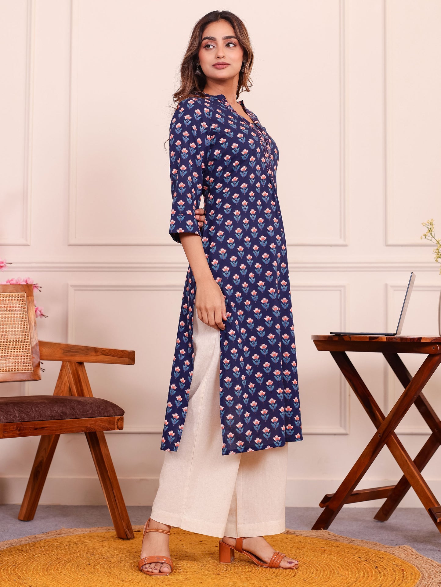 Embroidered Soft Cotton Butta Straight Blue Kurta